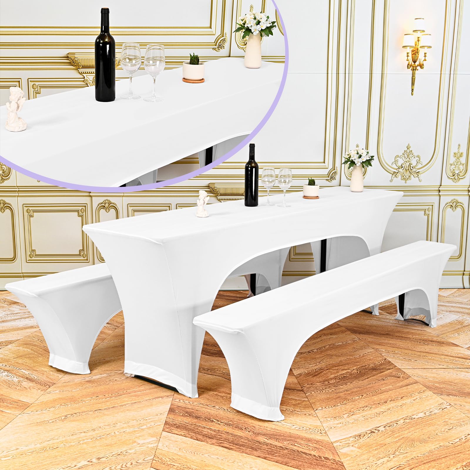 Showgeous 3 Stück weiße Biertischhussen Stretch-Biertisch- und Hockerhussen-Set für 50 cm Tischbreite Bierzelt-Set 220 x 50 x 80 cm für Bankett-Gartenmöbel im Freien