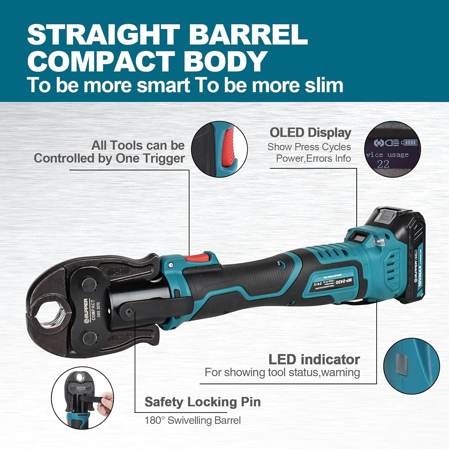 ZUPPER Press Tool, 18V Electric Pipe Crimping Tool for 1/2", 3/4", 1" Copper Pipes, Compact Press Tool Kit Suitable for Copper Pro Press fittings - with Brushless Motor, 3 VUS Press Jaws, 2pcs Battery