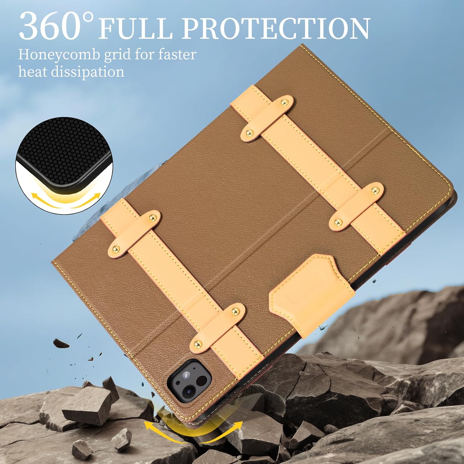 iPad Case for iPad Pro 13 Inch (M5/M4) 2025/2024,Leather Folio Cover with Pencil Holder,Auto Wake/Sleep,Adjustable Stand,Detachable Magnetic Closure Protection Case-Multiple Straps Yellow Brown