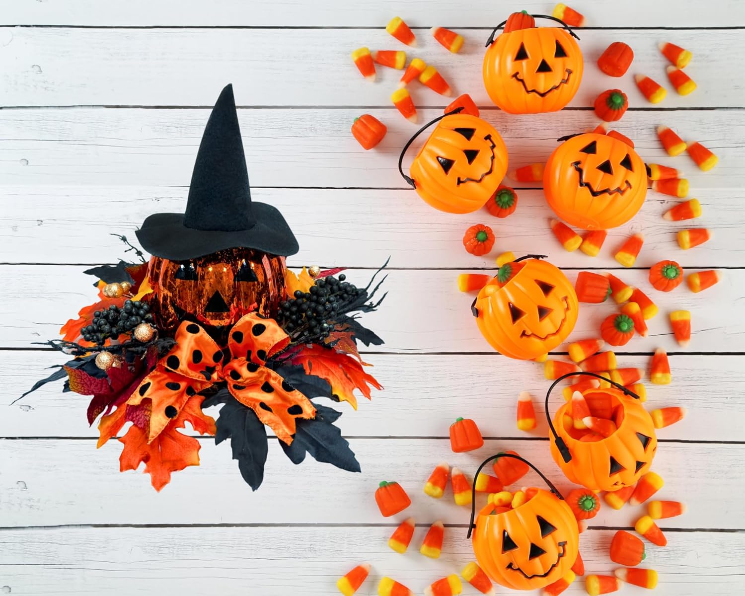 Lighted Harvest Pumpkin Table Decoration Indoor Outdoor Table Centerpiece with Maple Leaves Black Berries and Witch Hat for Fall Table Centerpieces Thanksgiving Halloween Decor