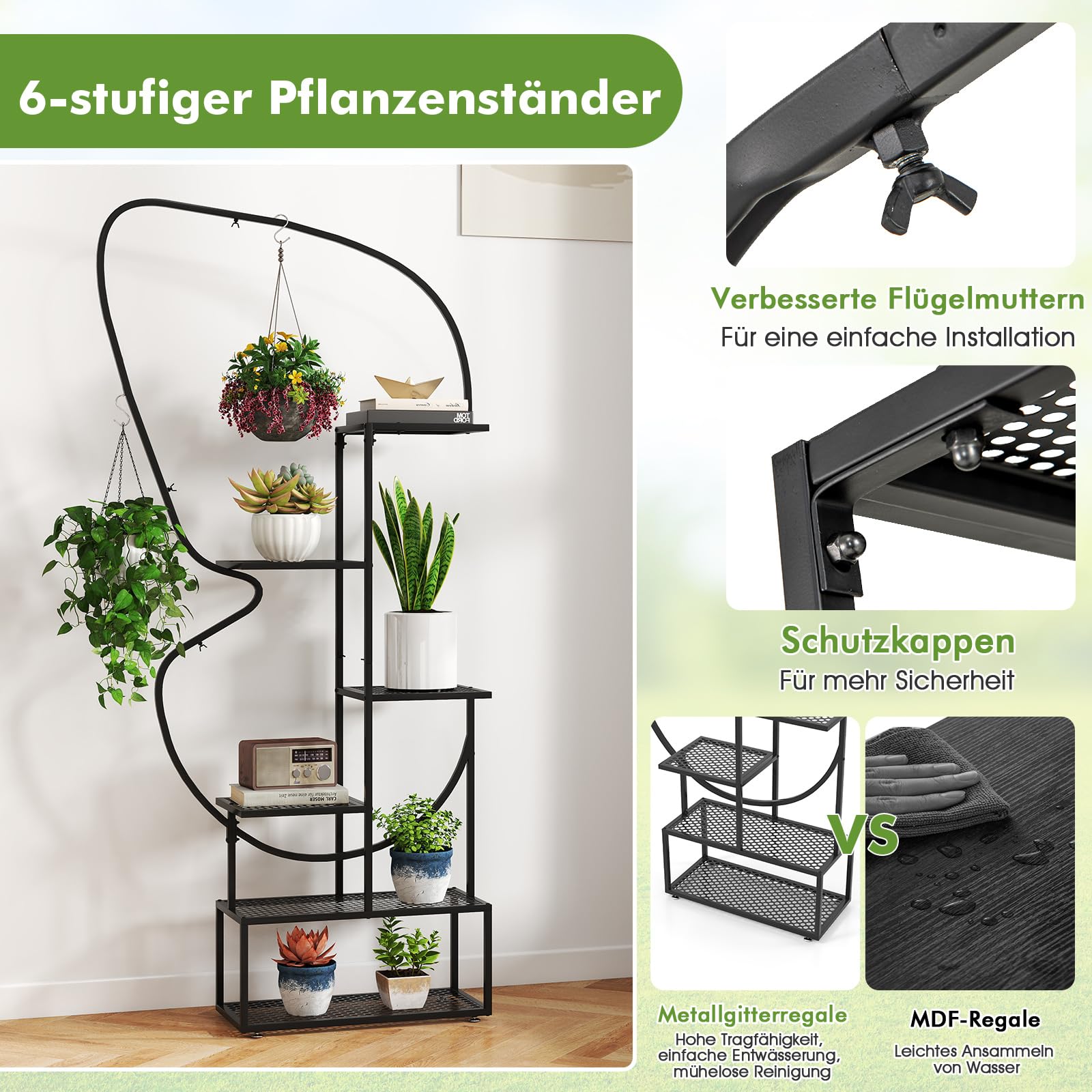 COSTWAY 6-stufiger Metall Pflanzenständer, schmetterlingsförmig, Blumenregal mit 4 Haken, Pflanzenregal Leiterregal, Pflanzenleiter Blumenständer, für Garten Balkon Wohnzimmer, 185 cm (Schwarz)