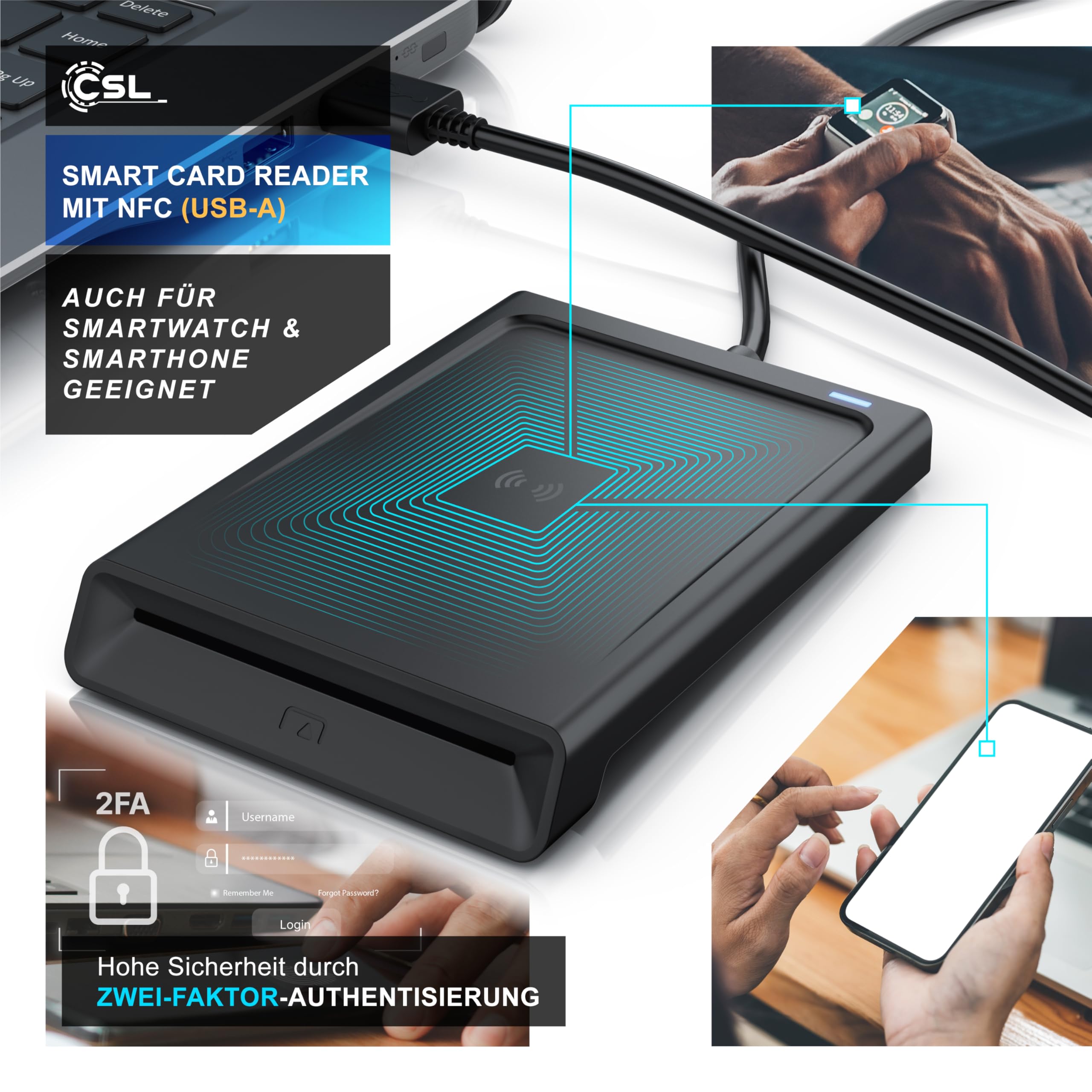 CSL - USB Chipkartenleser mit NFC - SmartCard Reader/SIM Kartenlesegerät - kompatibel mit Windows 10-11 - für den neuen Personalausweis Gesundheitskarte kein EPA Bankkarten