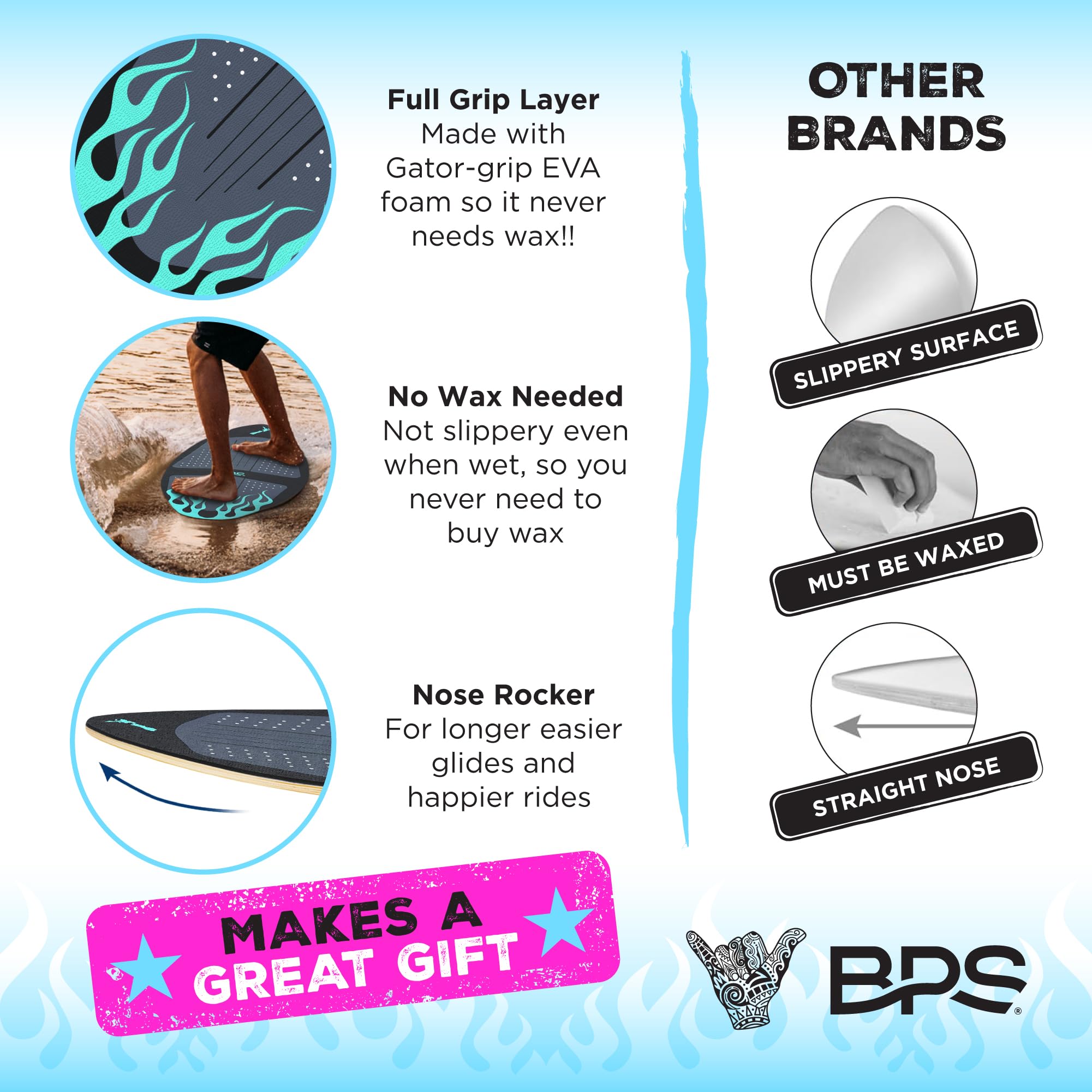 BPS New Zealand 'Flame' - Skimboard in legno ad alte prestazioni con cuscinetti di trazione personalizzati - con borsa imbottita opzionale in plastica riciclata - per bambini o adulti, disponibile in