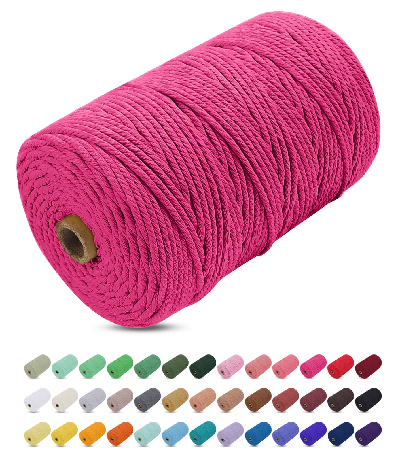 Uiopa Rose Red Macrame Cord 3Mm X 200M, Thick Macrame Rope Yarn Soft Natural Cotton Cord, Coloured 4-Ply Macrame String For Diy Craft, Plant Hangers, Wall Hanging, Christmas Decorations (Rose Red)