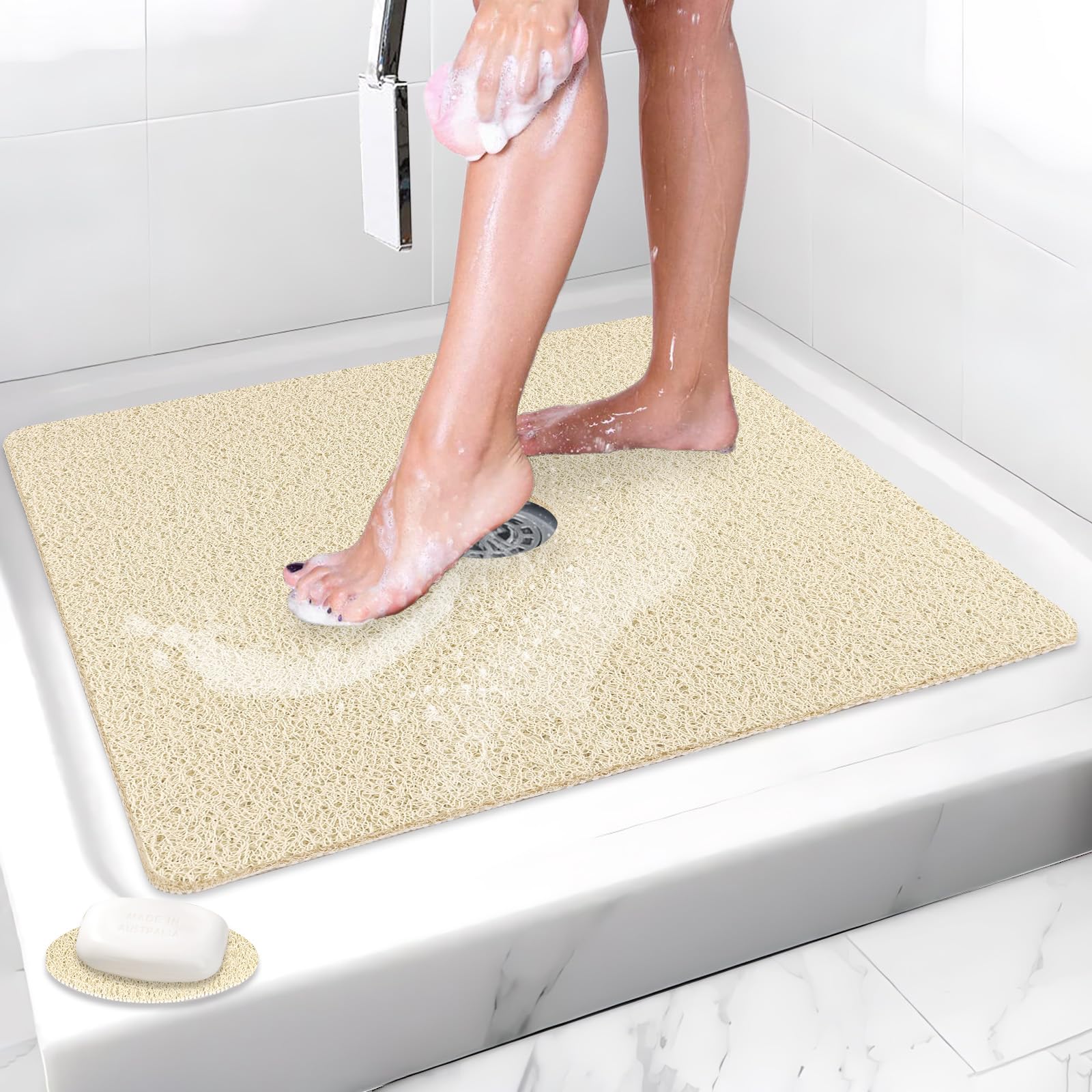 Shower Mat Non Slip: 31 x 31 Inch Extra Large Square Shower Mats with Drain Hole in Middle - Soft Loofah Quick Drying Matt for Shower Stall