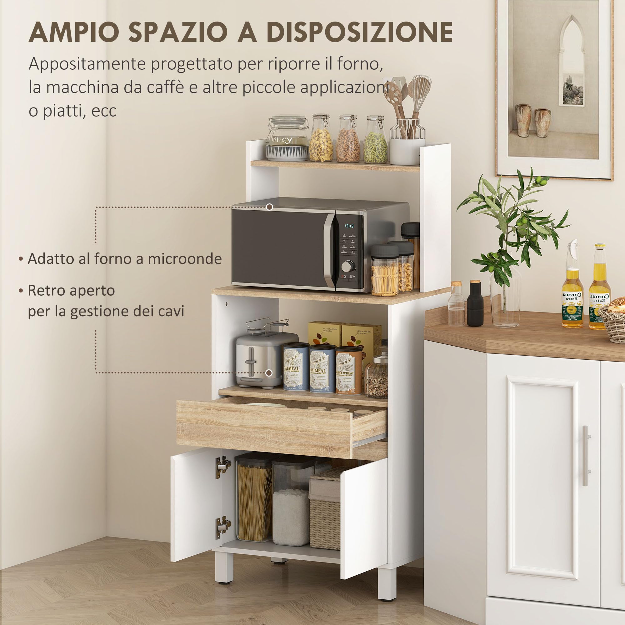 HOMCOM Mobile Microonde con Armadietto a 2 Ante Soft Close, Credenza Cucina Microonde con Cassetto, Piano per Elettrodomestici, Scaffale Superiore, Ripiano Aperto, per Soggiorno, 60x40x131cm, Bianco