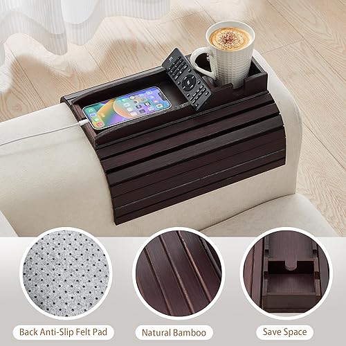 Miniatura 6 de GEHE Soporte para tazas de sofá de bambú, bandeja de brazo de sofá antiderrames, natural y fácil de limpiar, bandeja para reposabrazos perfecta