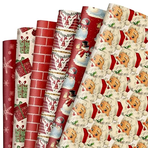 Whaline 12 Sheet Vintage Christmas Wrapping Paper Retro Santa Claus Gift Wrap Paper Bulk Xmas Red Folded Flat Decorative DIY Craft Art Paper for Party Decor Wrapping Supplies, 19.7 x 27.6 inch