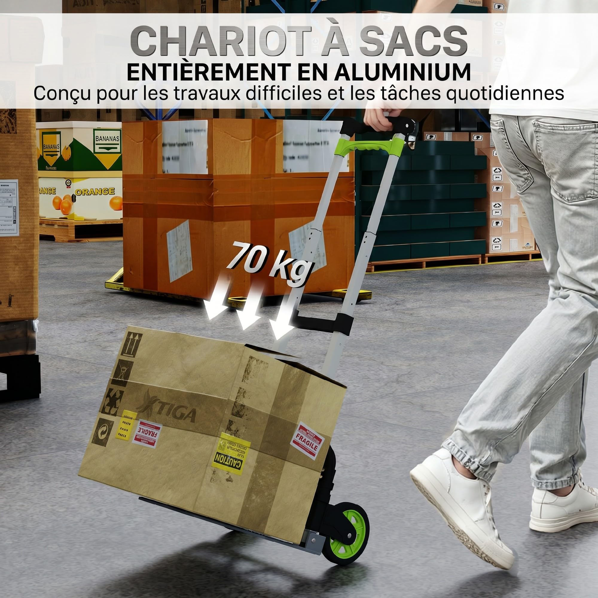 HOMCOM Diable Pliable Diable Pliant Poignée Télescopique 100 cm Vert | Charge 70kg, Chariot de Transport pour Objets Lourds & Volumineux, Aluminium, Entrepôt, Aéroport