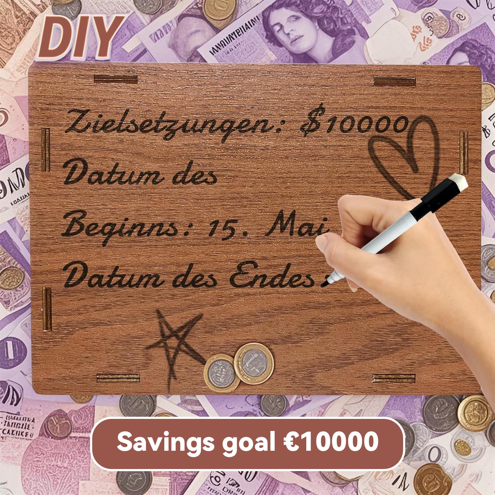 10000€ Tirelire en Bois, Réutilisable Numérique Tirelire avec Objectif D'épargne et Marqueur, Coffret D'épargne en Bois pour Aider Enfants à Commencer à Economiser - 4