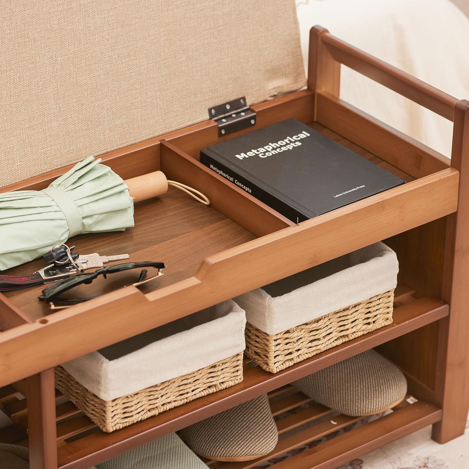 39.4" Bamboo Shoe Rack Bench, 3-Tier Entryway Bench with Thick Cushion, Flip-Top & Side Storage, Holds Up to 550 LBS for Hallway, Living Room, Bedroom