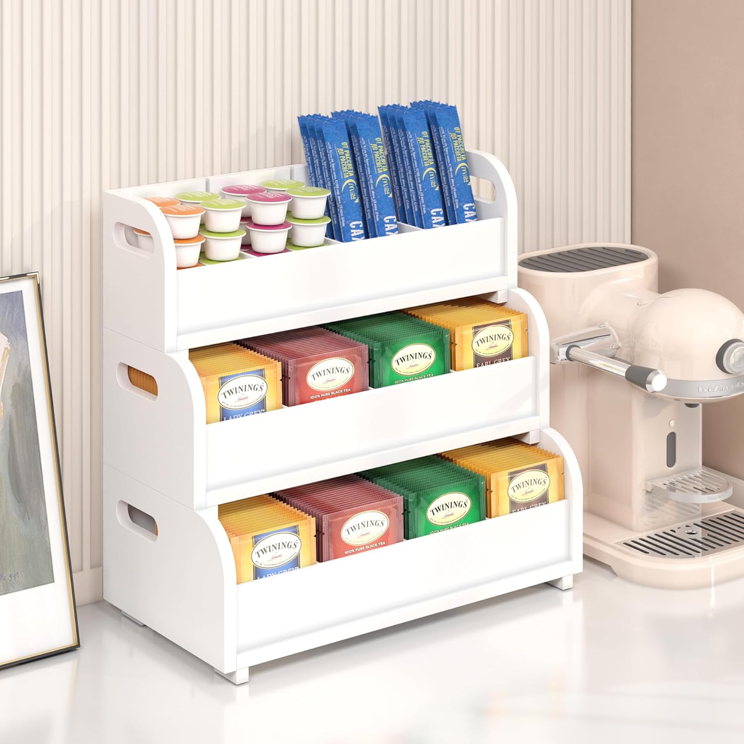 Tea Holder for Tea Bags Organizer - White Bamboo Tea Organizer for Tea Bags 3-Tier Stackable Wall Mount Large Capacity Tea Storage Box to Pantry Countertop Kitchen Office