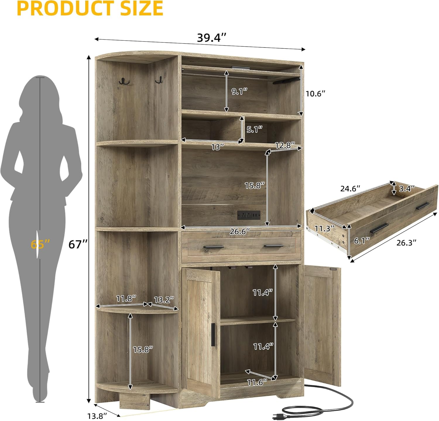 DWVO Farmhouse Kitchen Pantry Cabinet, 67" Bakers Rack w/Storage Cabinet, Coffee Bar w/Charging Station, Buffet Sideboard, Microwave Stand, Hutch Cupboard for Dining Room Kitchen Living Room(Ash Gray)