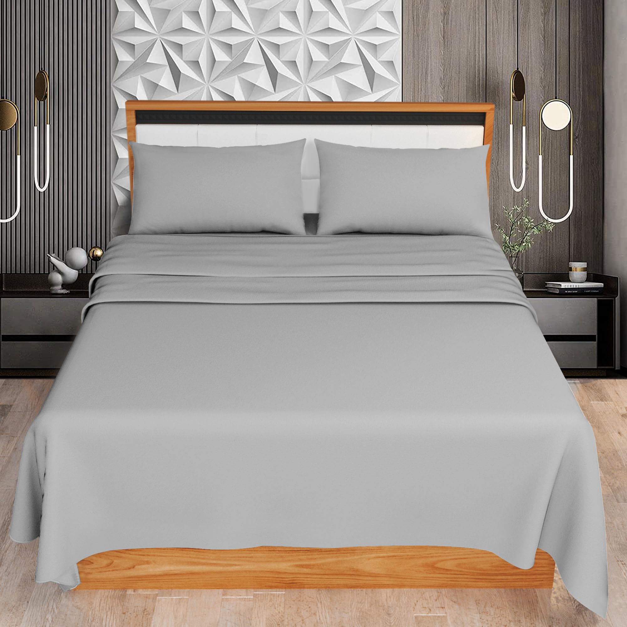 HOME ACE Silver Super King Size Sheet Set (Fitted Sheet + Flat Sheet + Pillow Case) - Easy Iron Polycotton Super Kingsize Bed Sheet Set - 100% Poly Cotton Sheets Set Superking Size Bed