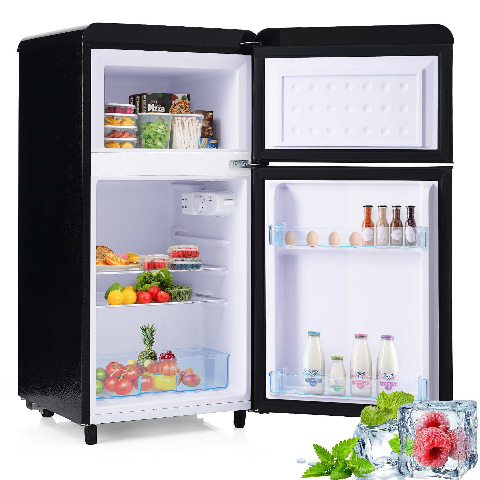 Merax Réfrigérateur rétro à double porte, 72 litres, avec compartiment congélateur de 21 litres, 120 kWh/an, éclairage LED - Noir