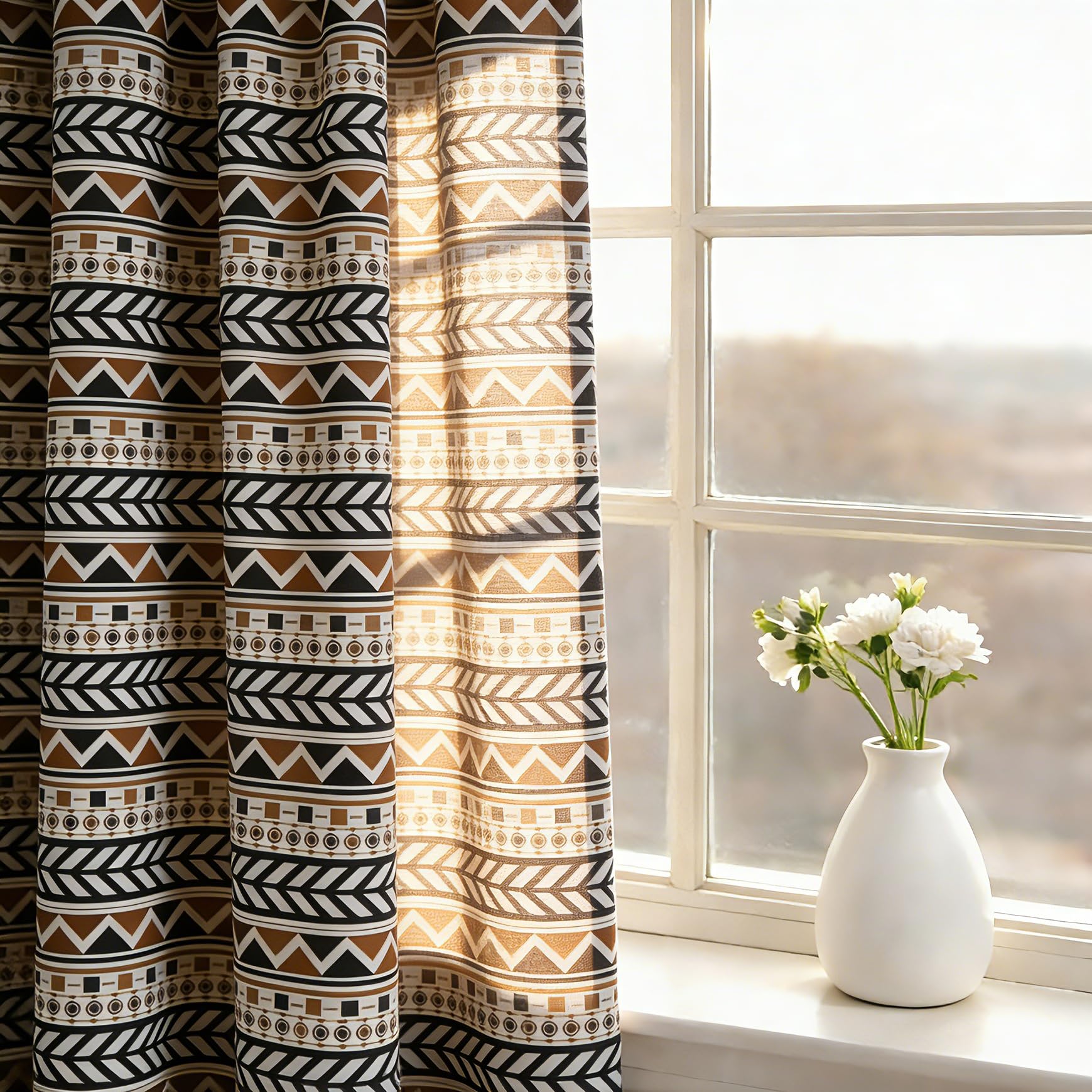 YONGFOTO Rideaux Boho pour Chambre Vintage Géométrique Occidental Tribal Semi-Transparent Filtrant la Lumière Rideau pour Salon avec Passe-Tringle 1 Panneau 140 x 245 cm