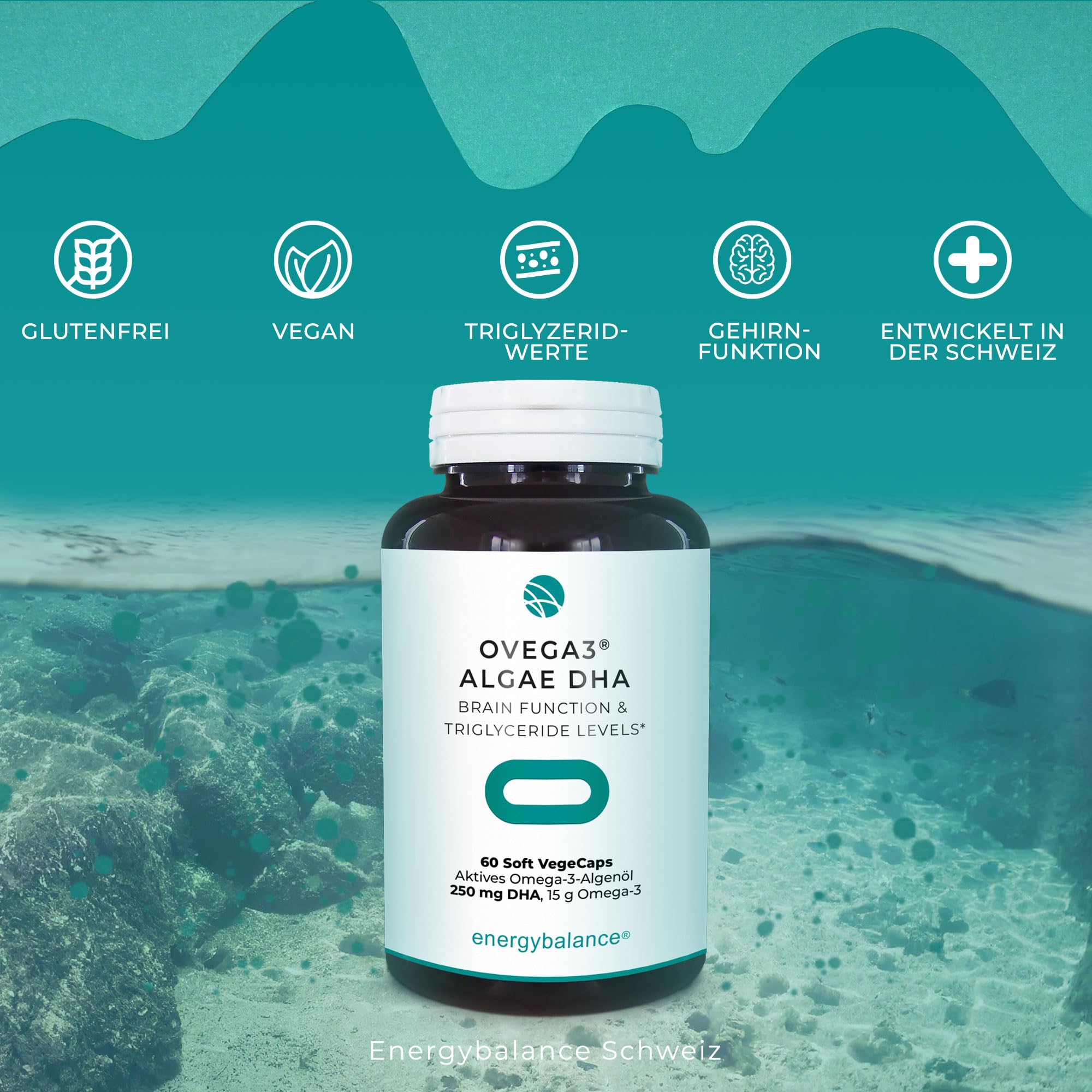 EnergyBalance Ovega3 Algae DHA – Veganes Omega 3 aus Algenöl – 60 VegeCaps mit 250 mg DHA – Pflanzliche Alternative zu Fischöl – Ohne Gelatine, Vegan, Glutenfrei