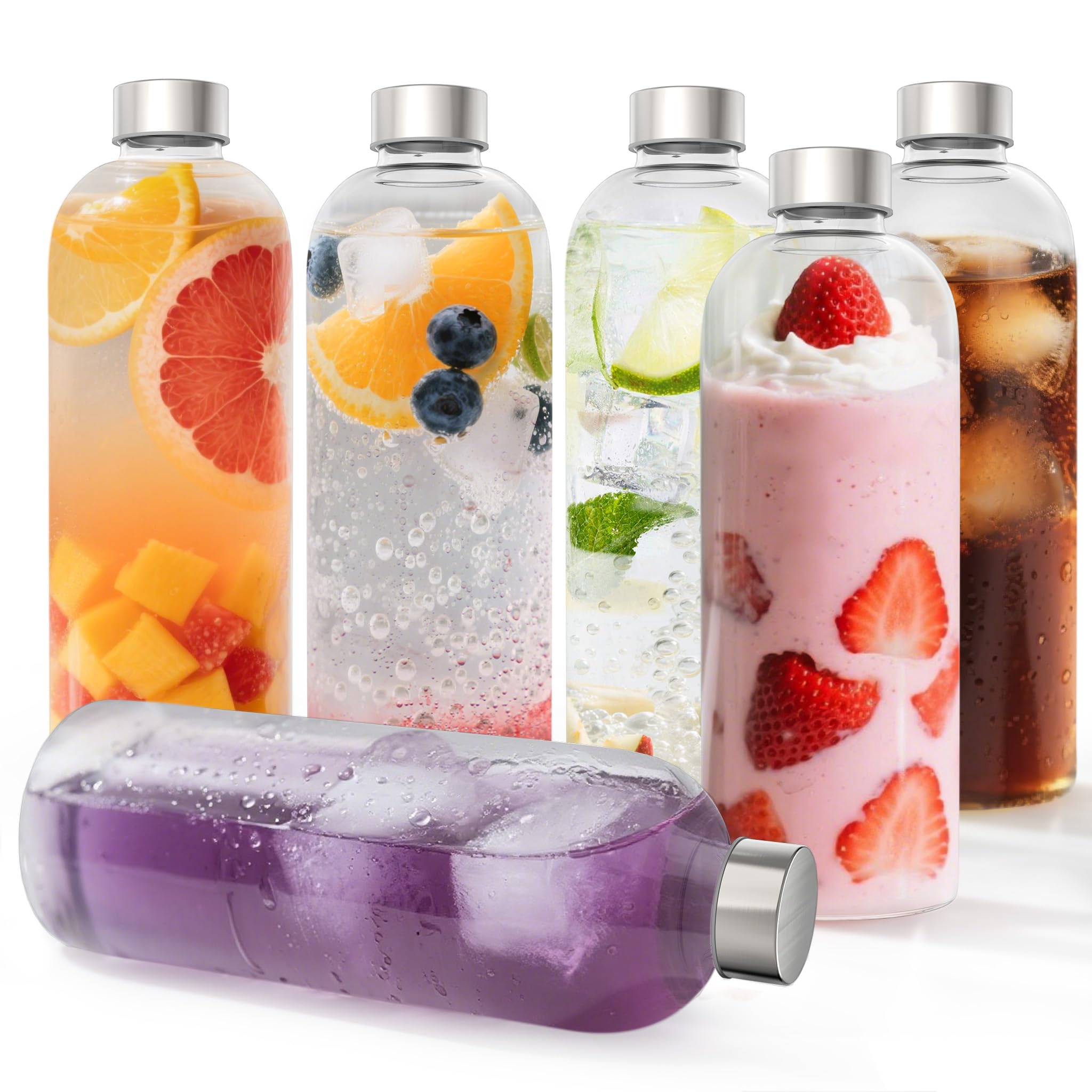 LILIIN Juego de 6 vasos de 1000 ml con tapa de acero inoxidable y pajita