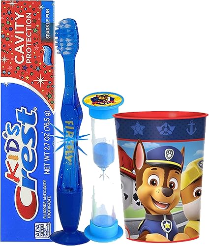 Miniatura 1 de Paw Patrol Chase Inspired - Juego de 4 piezas de higiene bucal Bright Smile! Cepillo de dientes con luces intermitentes, pasta de dientes,