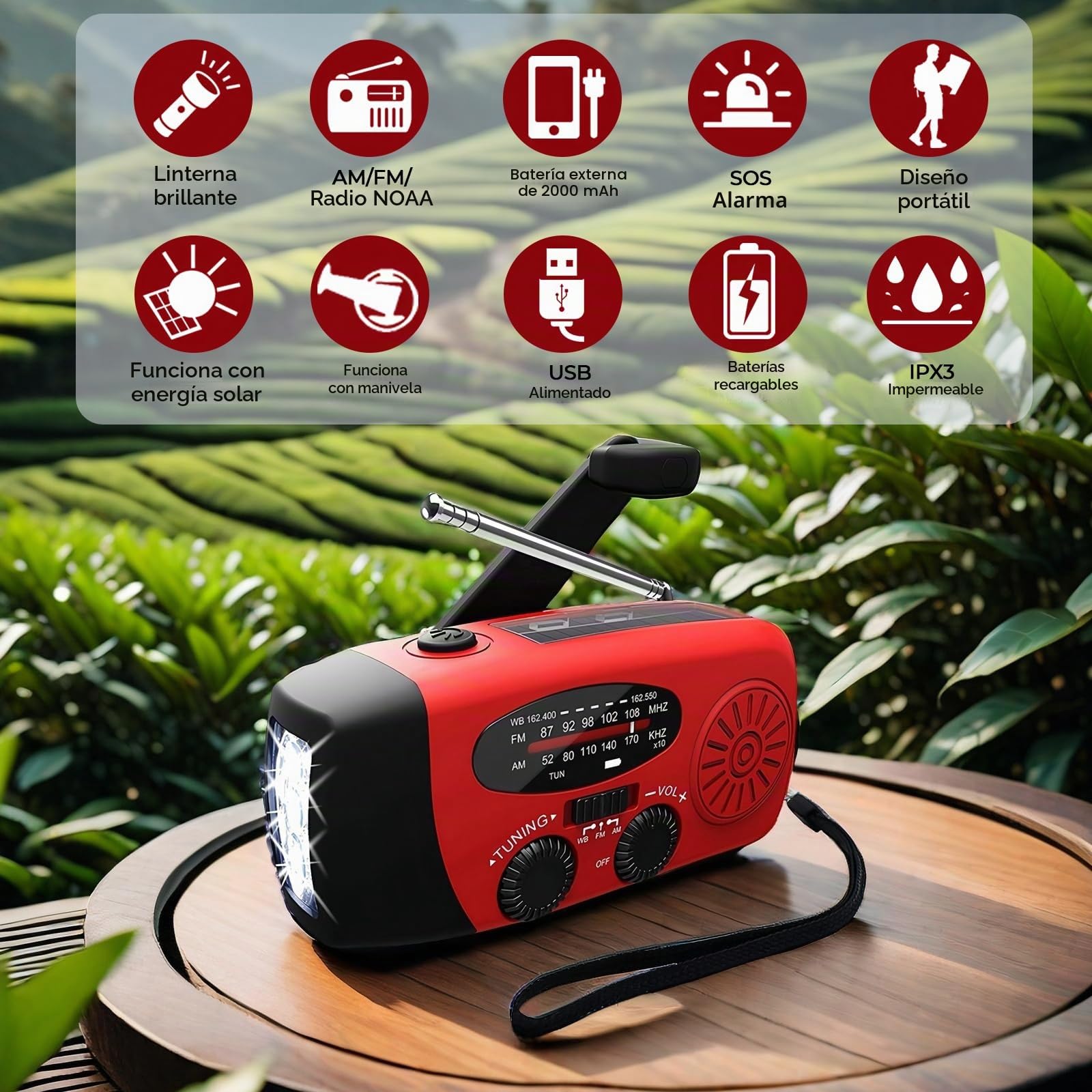 Radio solar portátil con meteorología AM/FM/NOAA, generador de manivela, 2000 mAh, cargador USB para teléfonos móviles, linterna LED, para emergencias, camping, pesca (rojo)