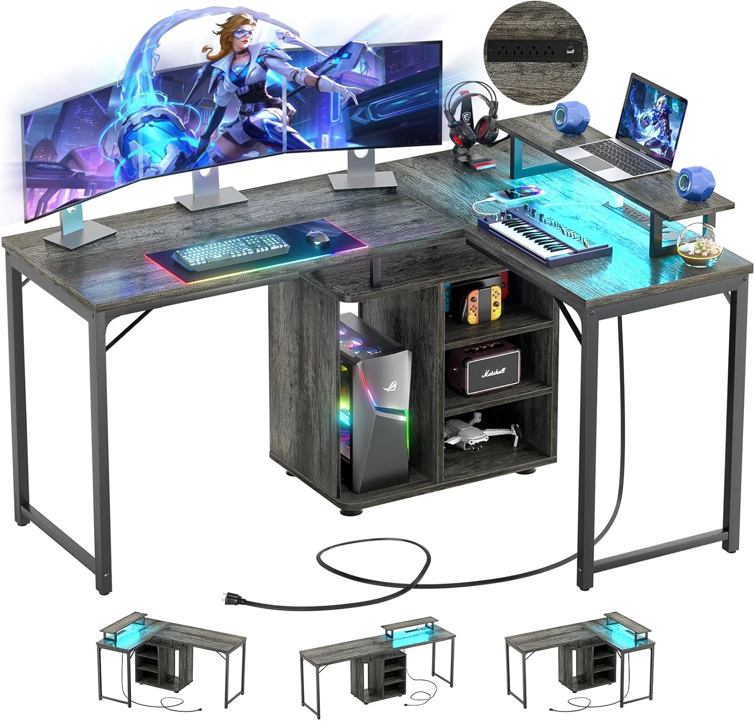 Cyclysio L Shaped Desk with Power Outlet and Storage, 79