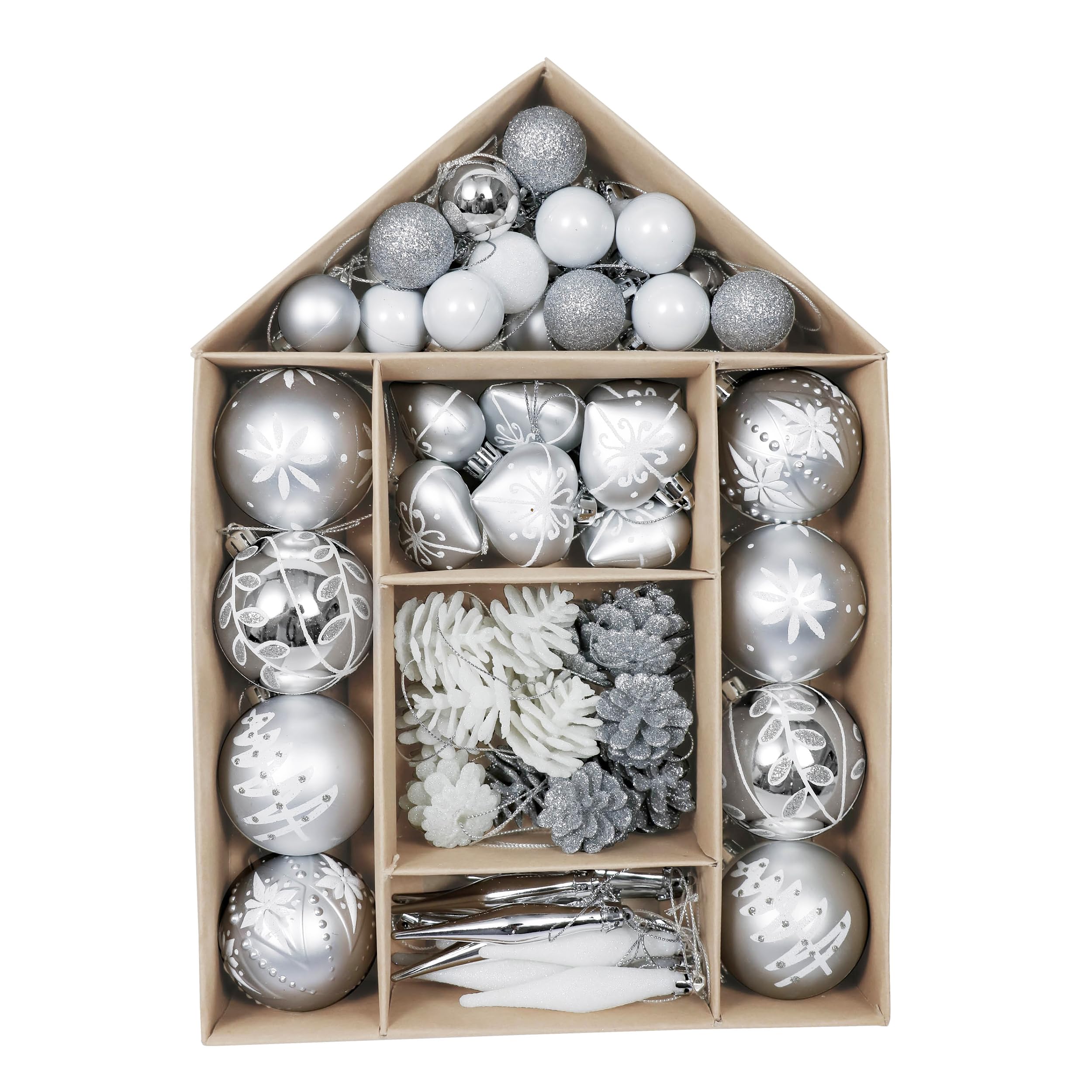 Victor's Workshop Weihnachtskugeln 70tlg. Kunststoff Christbaumkugeln Weihnachtsdeko Weihnachtsbaum Dekoration Set Plastik Ornament mit Anhänger Thema Silber Weiss(M)