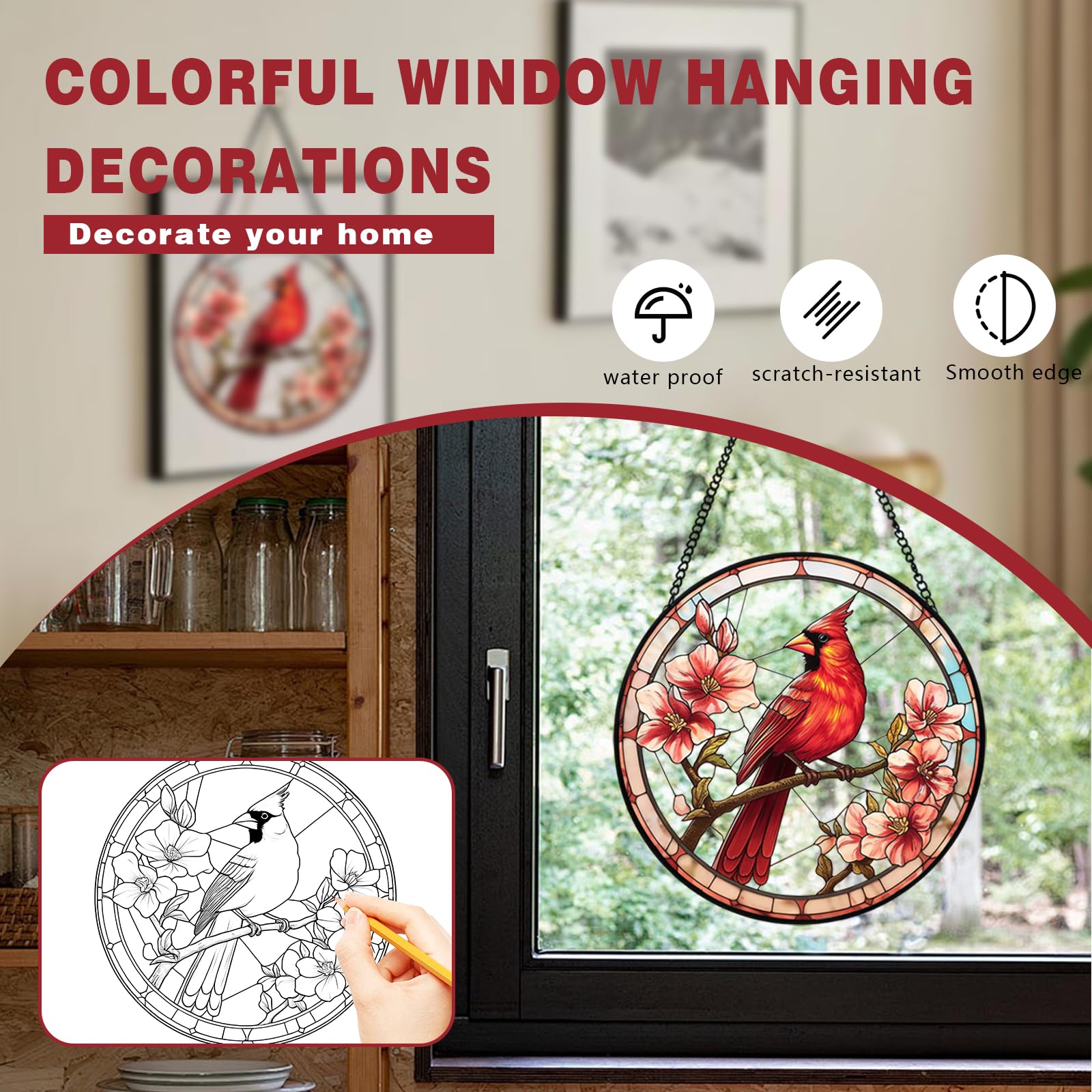 Xuoxeji Cardinal Stained Glass Window Hanging, Cardinal Sun Catchers Cardinal Memorial Gifts, Cardinal Gifts for Women Mom - Image 4