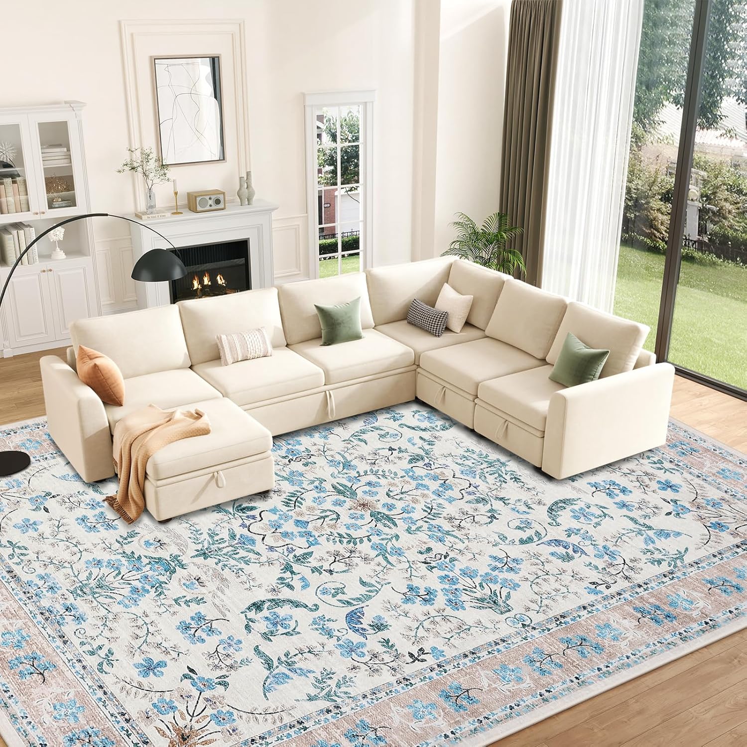 GarveeHome Washable Area Rug, 5x7 Boho Floral Soft Rugs for Living Room, Non Slip Low Pile Carpet for Bedroom, Dining Room, Nursery, Hallway, Blue