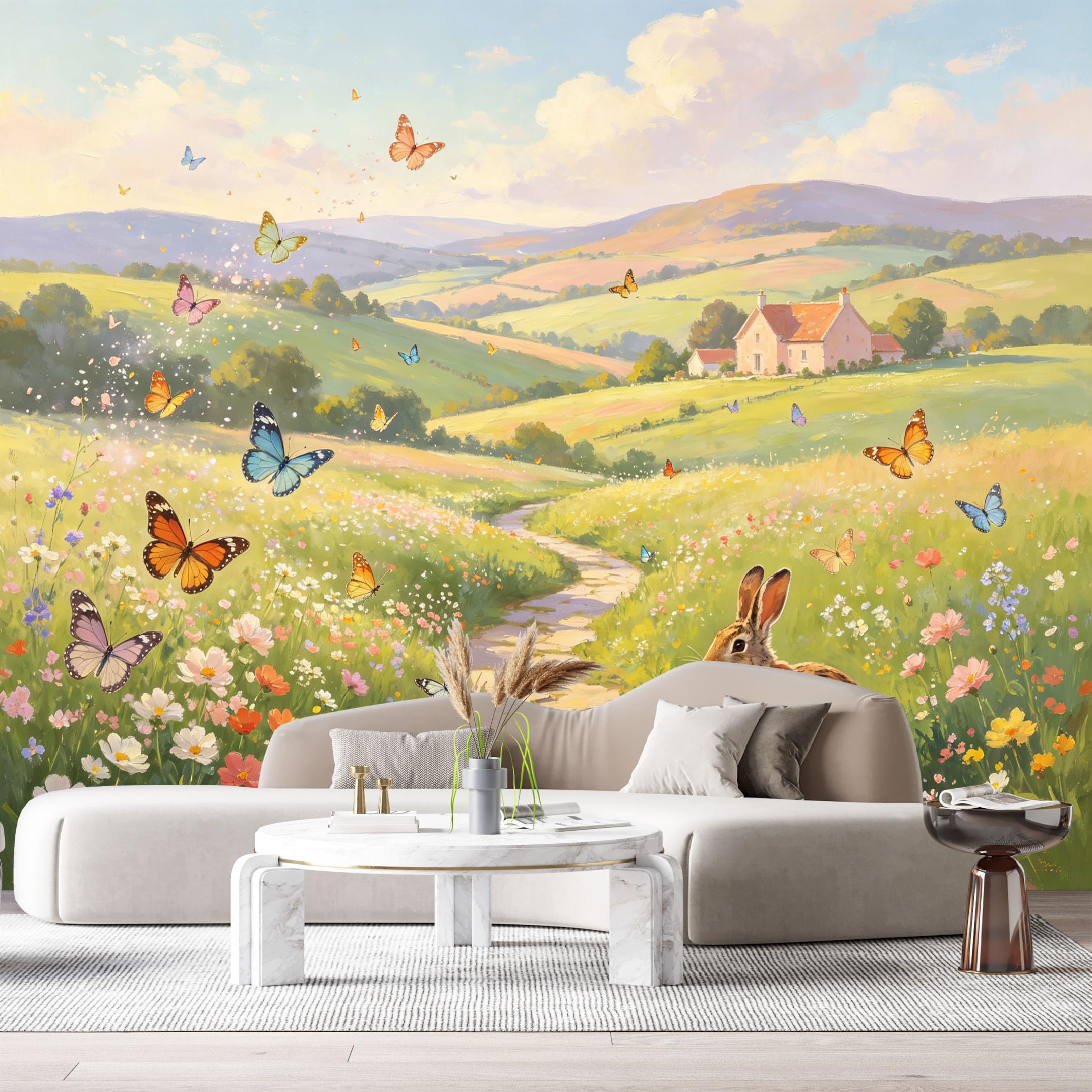 Custom Size Wall Murals Farmhouse Landscape Oil Painting Butterfly Rabbit Meadow SelfAdhesive Wall Fabric Removable Large Wallpaper for Photo Living Room Interior Decor