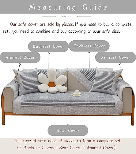 Miniatura 2 de Funda de sofá rústica con rayas grises y acolchada, de algodón, suave, antideslizante, lavable, protector de muebles para sala de estar (gris, 28 x
