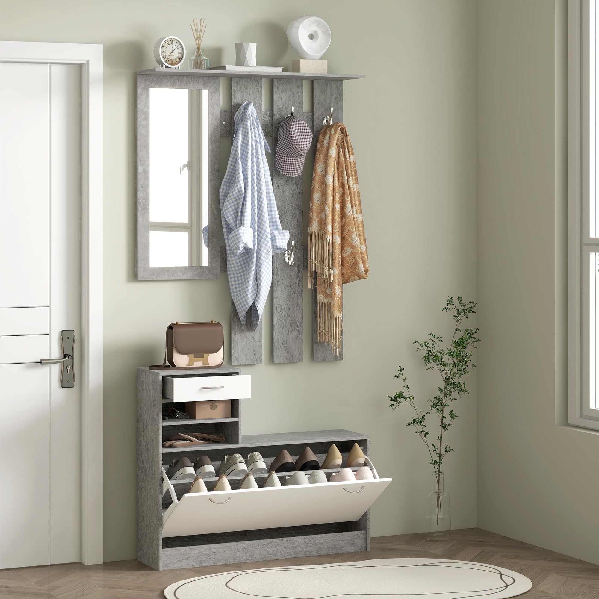 HOMCOM Set Mobili Ingresso Moderno con Scarpiera e Specchio, Appendiabiti da Ingresso con 6 Ganci, 2 Ripiani Regolabili e Cassetti in Legno per Corridoio, Bianco e Grigio Chiaro