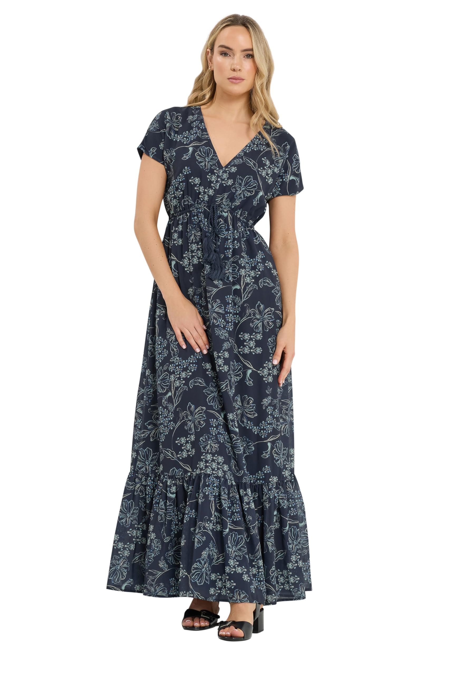 Long Tall Sally - LTS Tall Blue Floral Print Tie Waist Maxi Dress - Women's