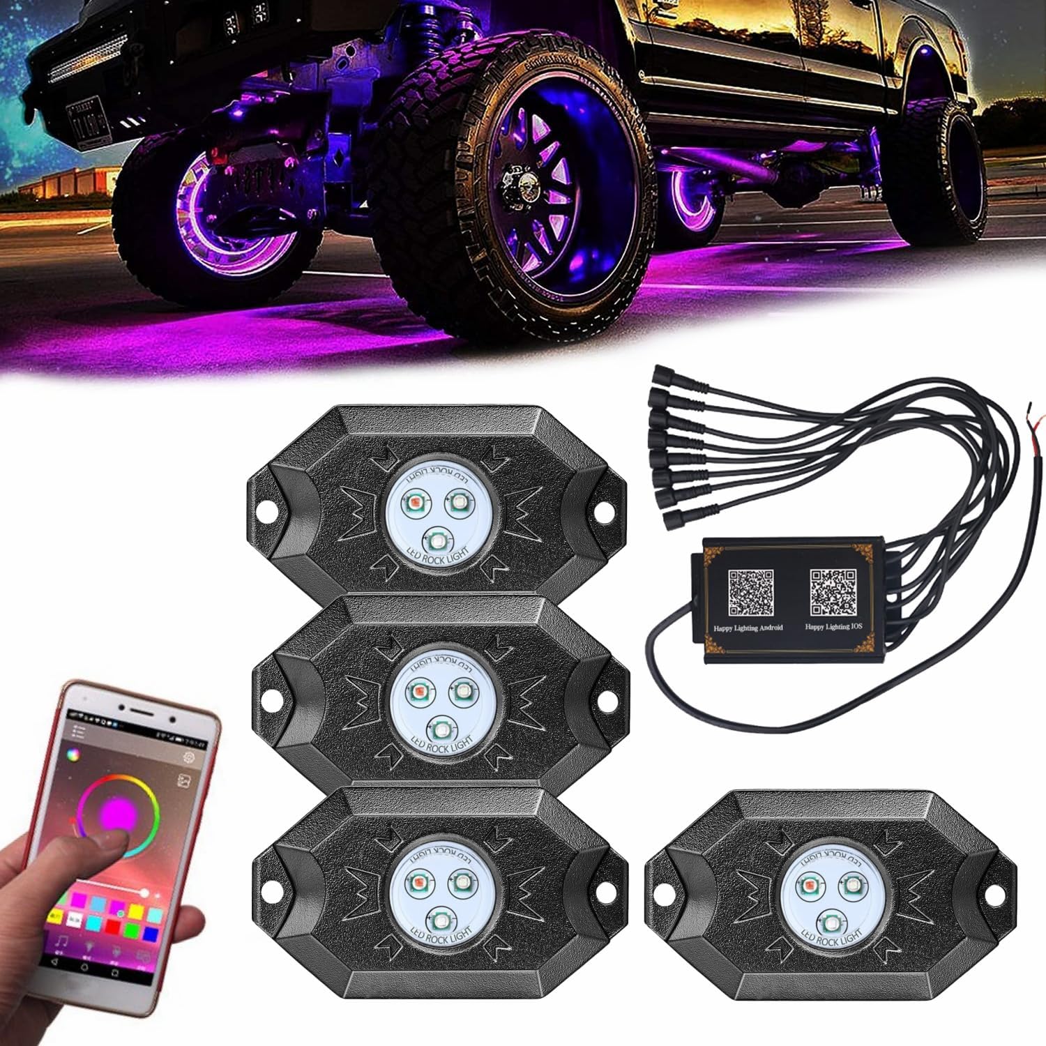 RGB Rock Lights for Trucks, Avenemark 4 Pods Multicolor