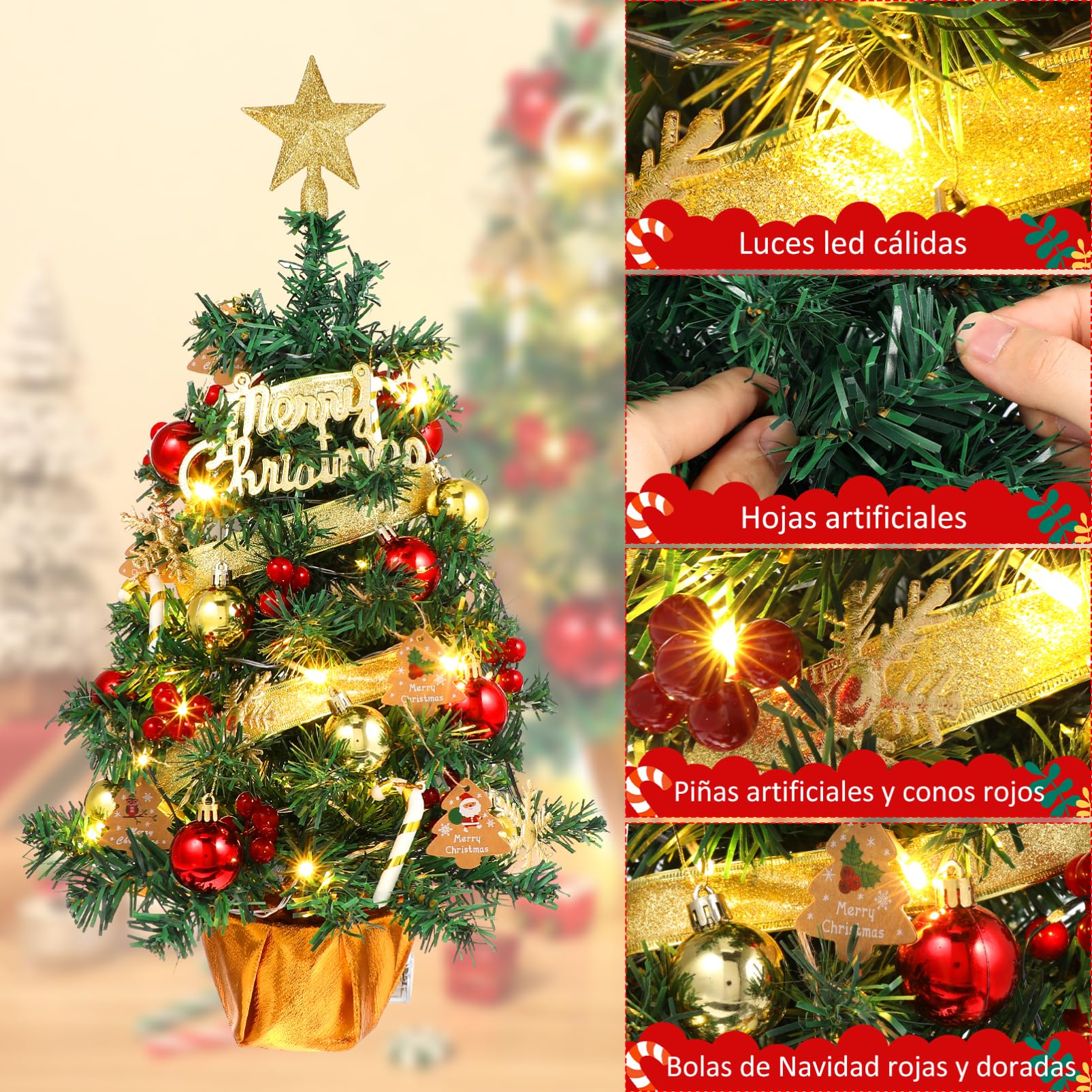Cabilock Kleiner Weihnachtsbaum 60cm mit LED Lichtern und Kugeln für Tischdekoration