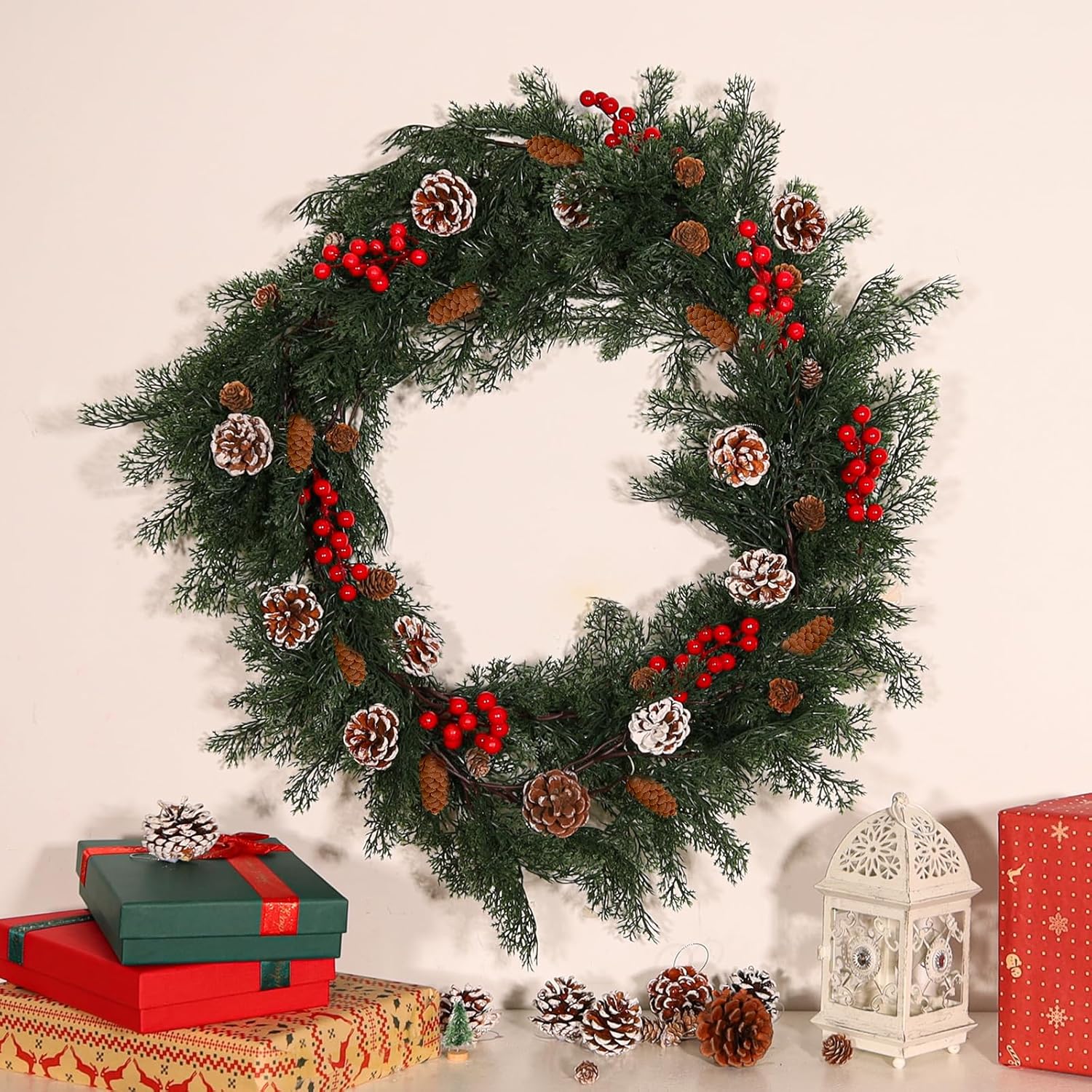 8.8FT Pre-lit Artificial Christmas Garland with Pine Cones,Realistic Cedar Garland Artificial Pine Cypress Vines,Greenery Garland for Xmas Table Mantle Room Indoor Background Wall Decoration
