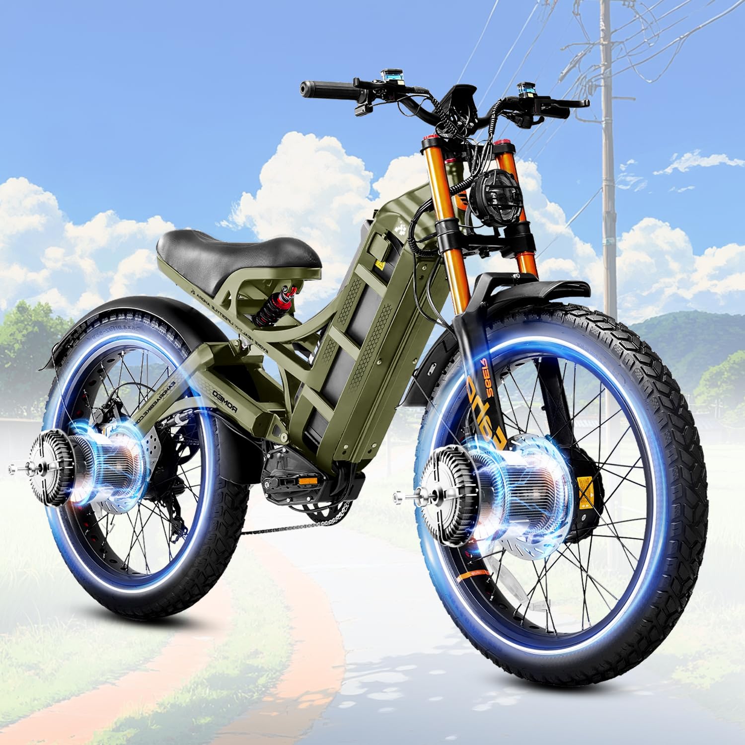 Romeo Pro II 1600W/4000W Electric Bike for Adults 52V 60AH/70AH Long Range Dual Motor Electric Mountain Bike Dual Hydraulic Brakes Full Suspension EBike Colorful Display Electric Bicycle