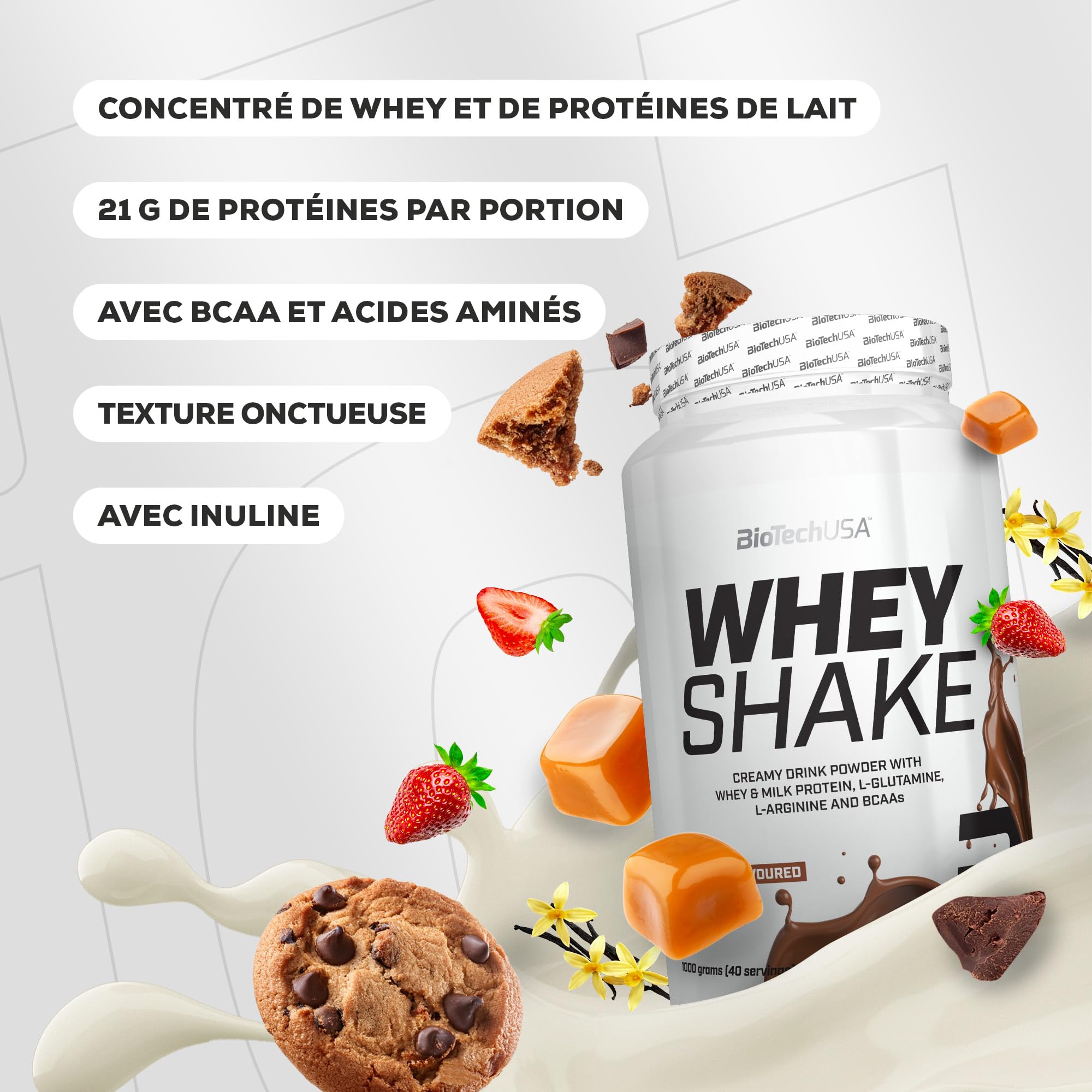 BioTechUSA Whey Shake | Protéine de lactosérum crémeuse au goût intense | BCAA et acides aminés ajoutés | Riche en fibres | Sans gluten | Texture crémeuse | 1000 g, Fraise