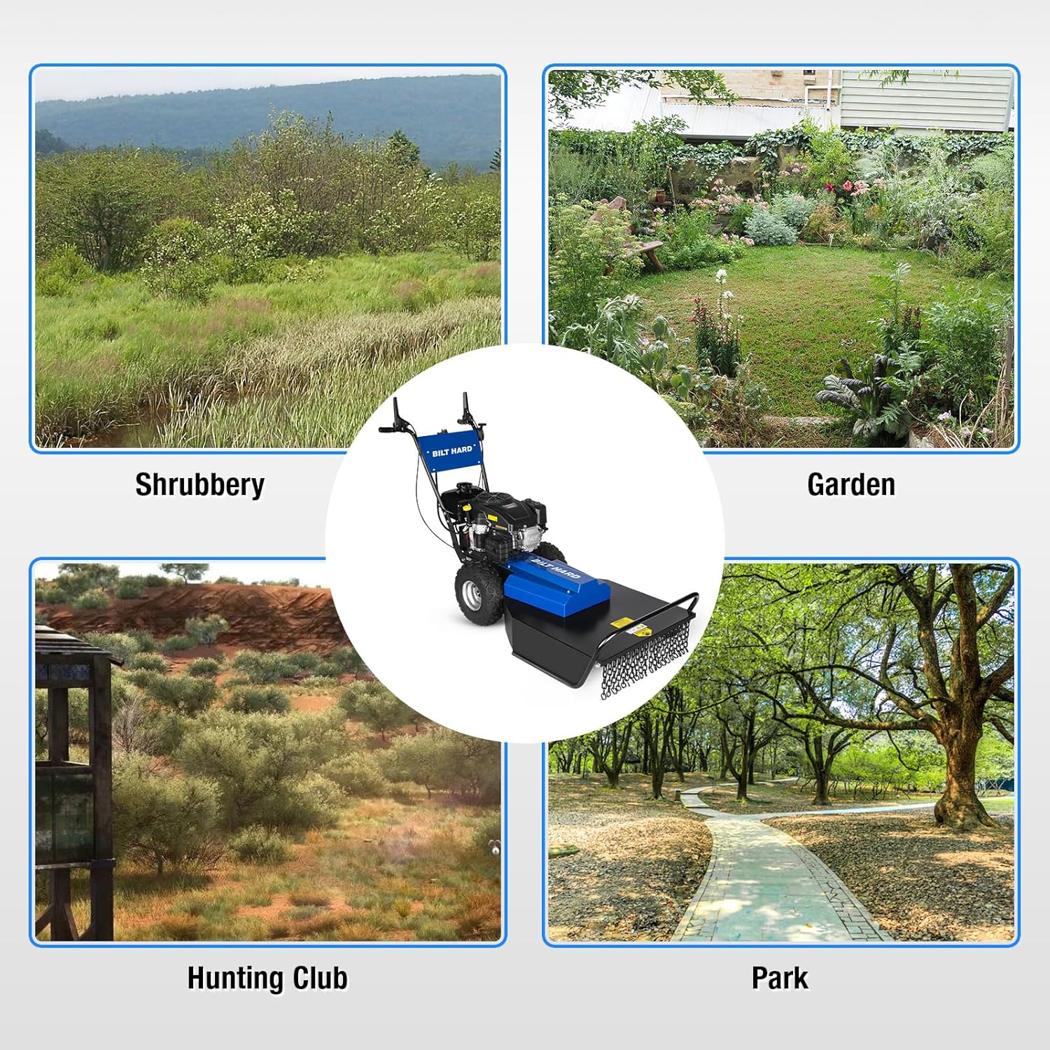 BILT HARD brush mower being used in various outdoor environments like shrubbery, gardens, hunting clubs, and parks