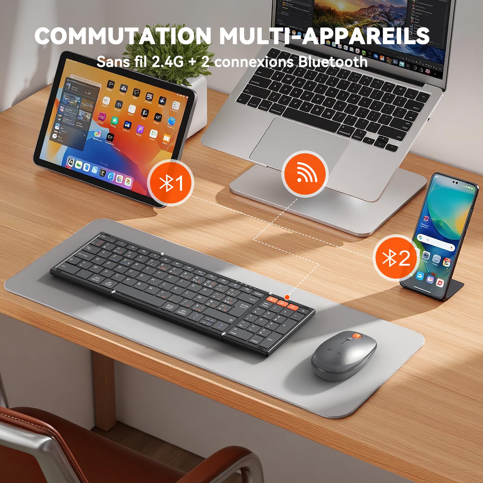 MEETION Clavier et Souris Pliables, sans Fil, Bluetooth | Ensemble rechargeable pleine taille, idéal pour les voyages d'affaires, compatible Windows, Mac, iOS et Android