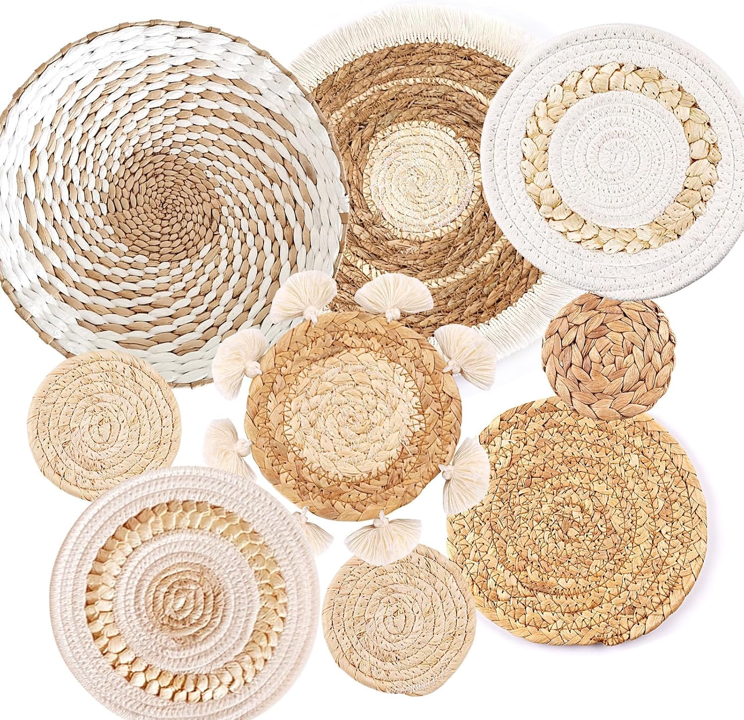 Lot de 9 paniers muraux tissés bohèmes en jonc de mer et rotin - Décoration murale ronde écologique pour ferme, chambre à coucher, salon, cuisine, table