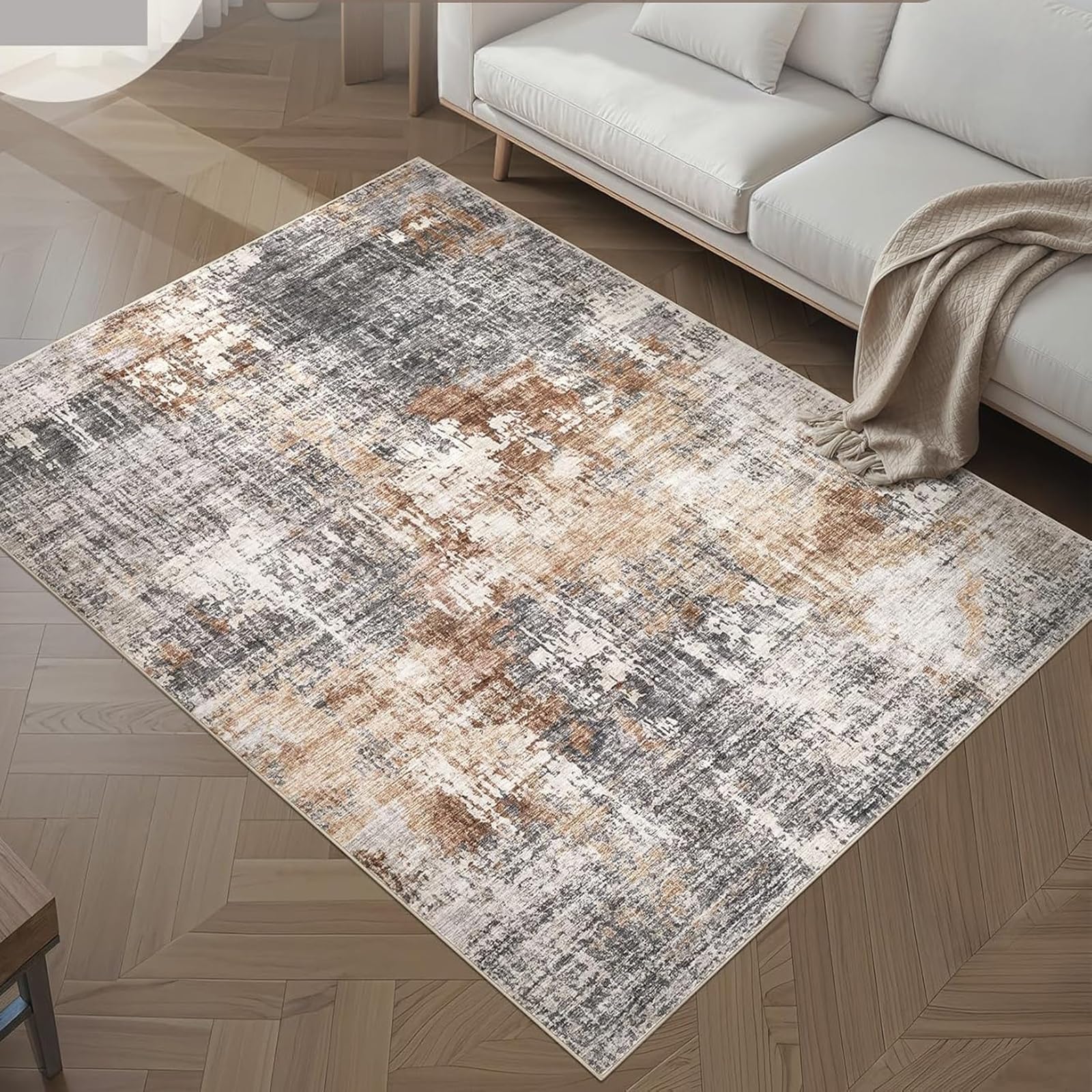 Tapis abstrait gris vieilli 180x270 cm grand format pour salon contemporain