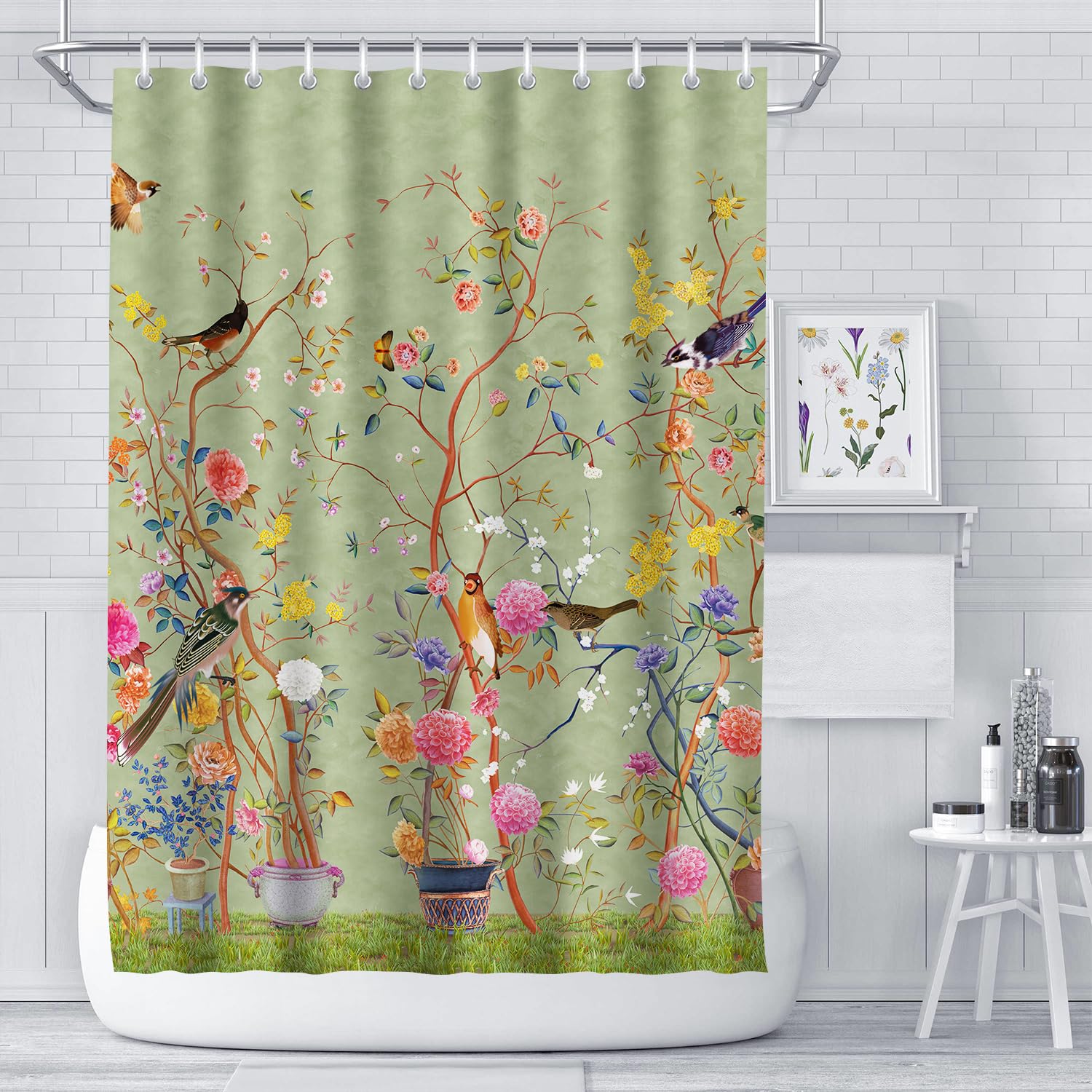 LIVETTY Shower Curtain 200×200cm Extra Long Shower Curtain Green Floral Fabric curtain for Bathroom Mould Proof Washable Shower Curtains With 12 Hooks - Image 4