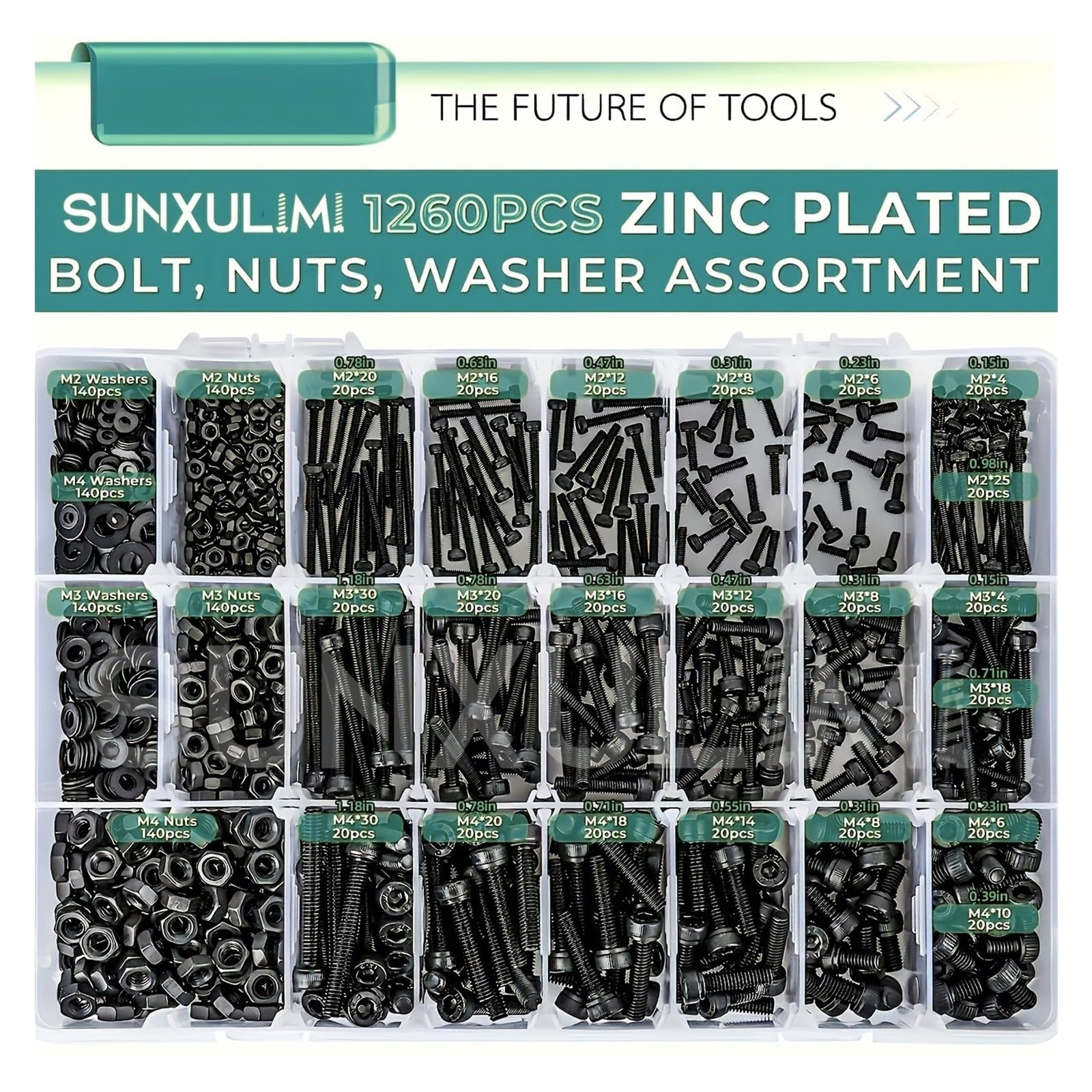 Juego De Tornillos Y Tuercas Surtido de pernos métricos de 1260 piezas M2 M3 M4, tornillos de máquina con cabeza hueca hexagonal chapados en zinc