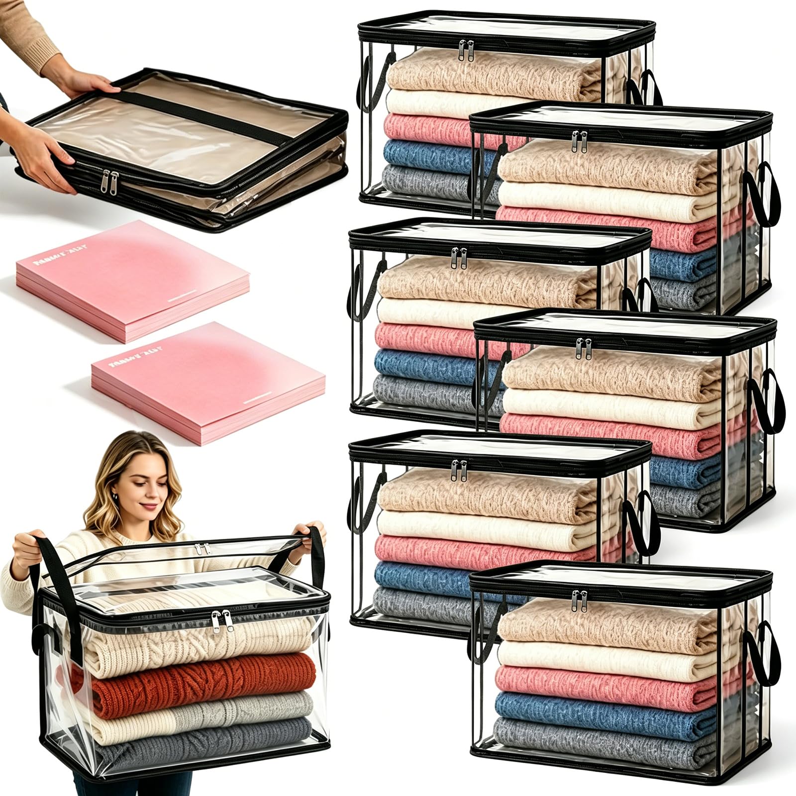 Large Heavy-Duty Thick Plastic Clear Storage Bag for Clothes, Moving & Storage, Clear Stackable Storage Bins with Reinforced Handles & Zipper, Packing Boxes for College Moving, Books, Blankets (A1,6)