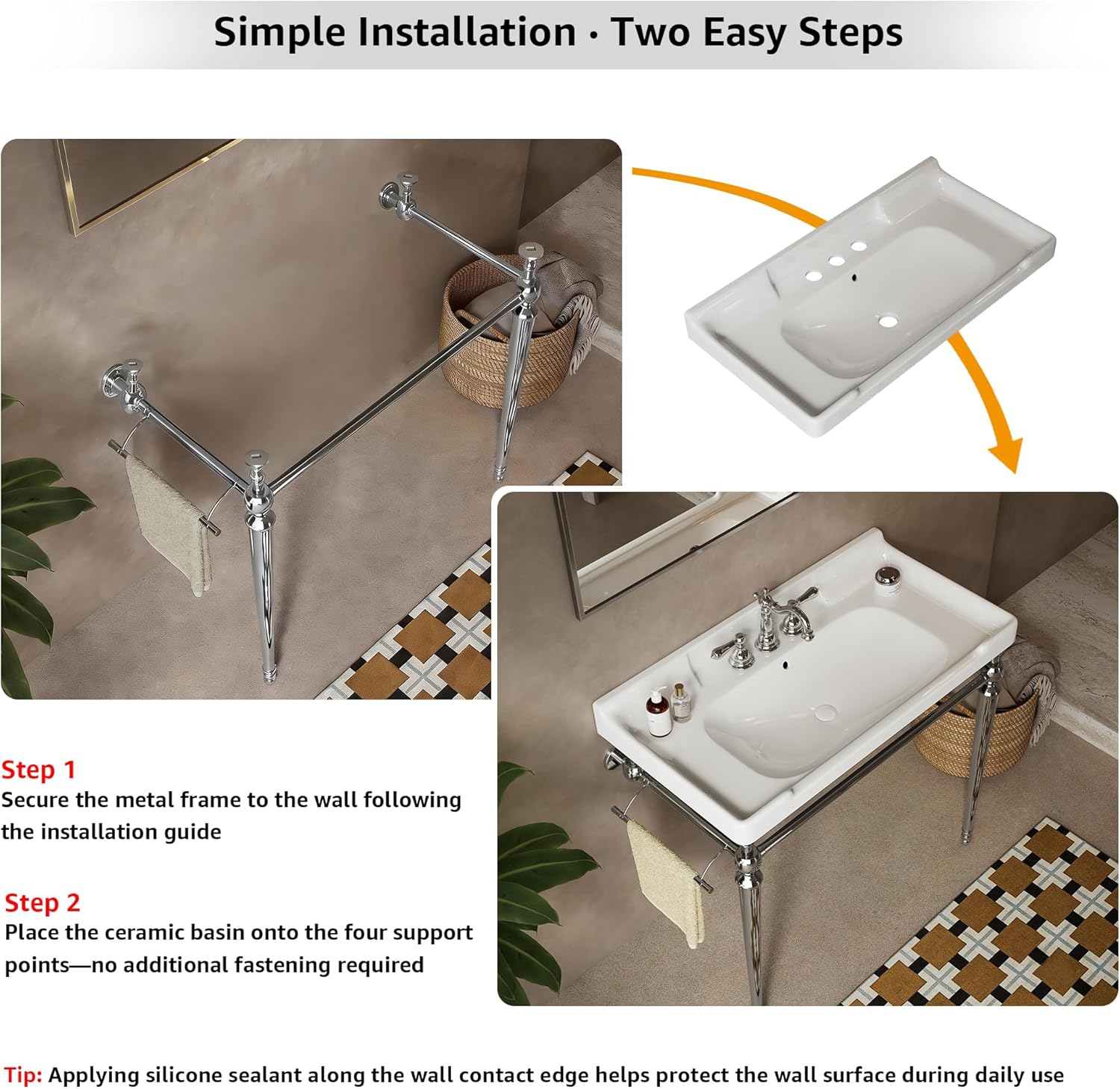36 Inch Console Bathroom Vanity with Ceramic Sink, Open-Frame Stainless Steel Legs with Towel Bar, 3 Faucet Holes, Wall-Mounted Support, No Faucet (Silver Frame | White Sink)