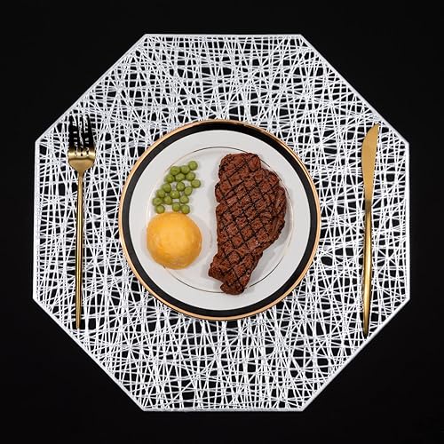 Miniatura 3 de U'Artlines Manteles individuales octogonales huecos de vinilo, antideslizantes, aislamiento térmico, para mesa de cocina (octogonal plateado, 6