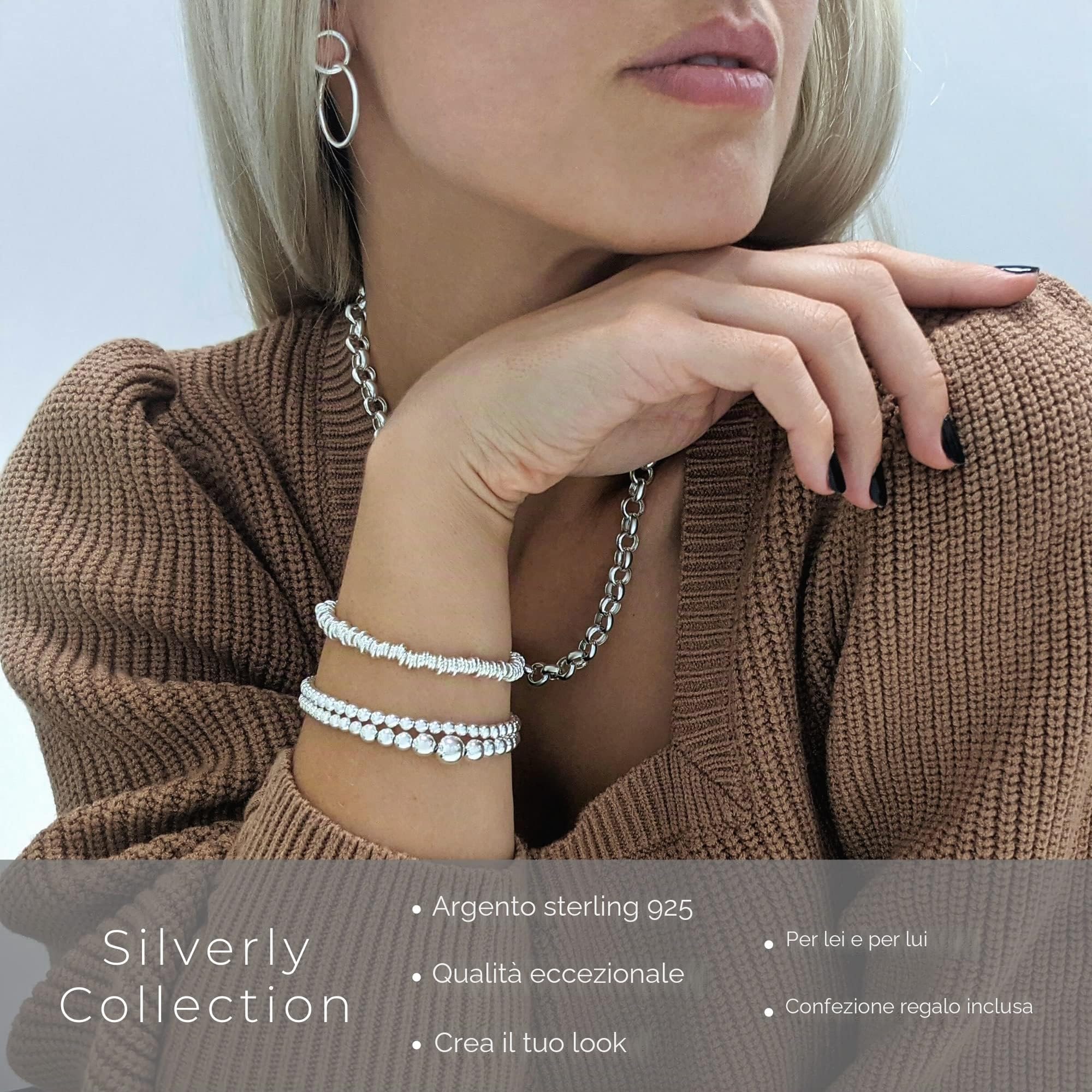 Silverly Braccialetti in Argento Sterling Massiccio 925 per Donna | Bracciale Rigido con Coppia di Sfere in Argento da 10mm | Piccoli Braccialetti per Ragazze Adolescenti