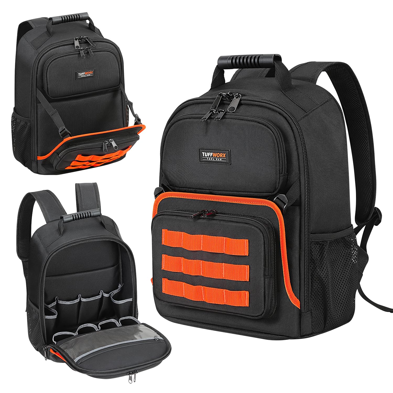 TUFFWORX 30 x 15 x 41 cm Tool Backpack, Heavy Duty Tool Bag Backpack with 25 Pockets, Multiple Compartments Tool Rucksack for Electrician, Plumber, Construction Work