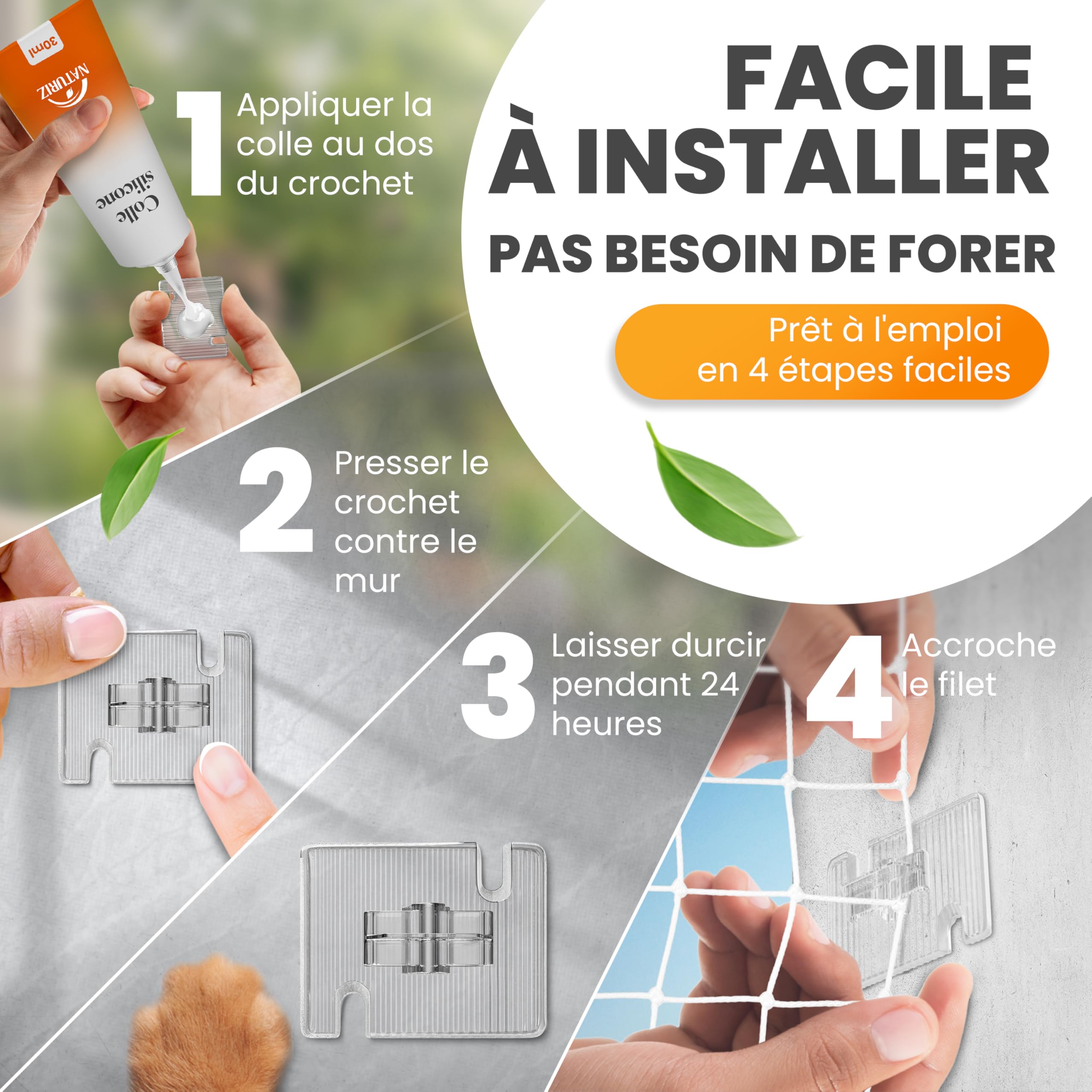 Naturiz Filet de protection pour chat balcon 3 x 8 m renforcé fil de fer transparent blanc crochet adhésif