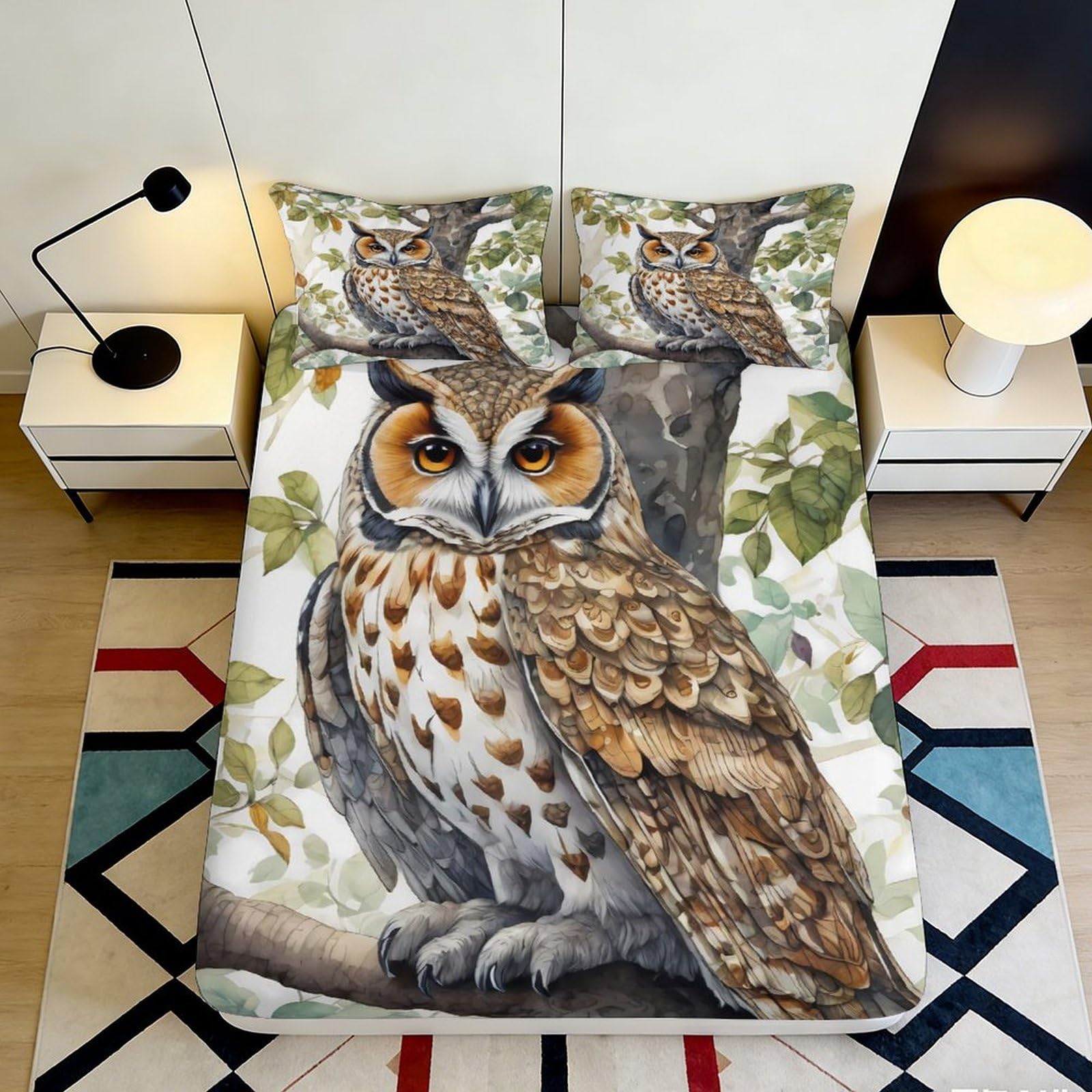 3D Printed Owl Forest Fitted Sheet Microfiber Soft Breathable Woodland Birds Bed Cover for Bedroom Decor 90x200x25cm